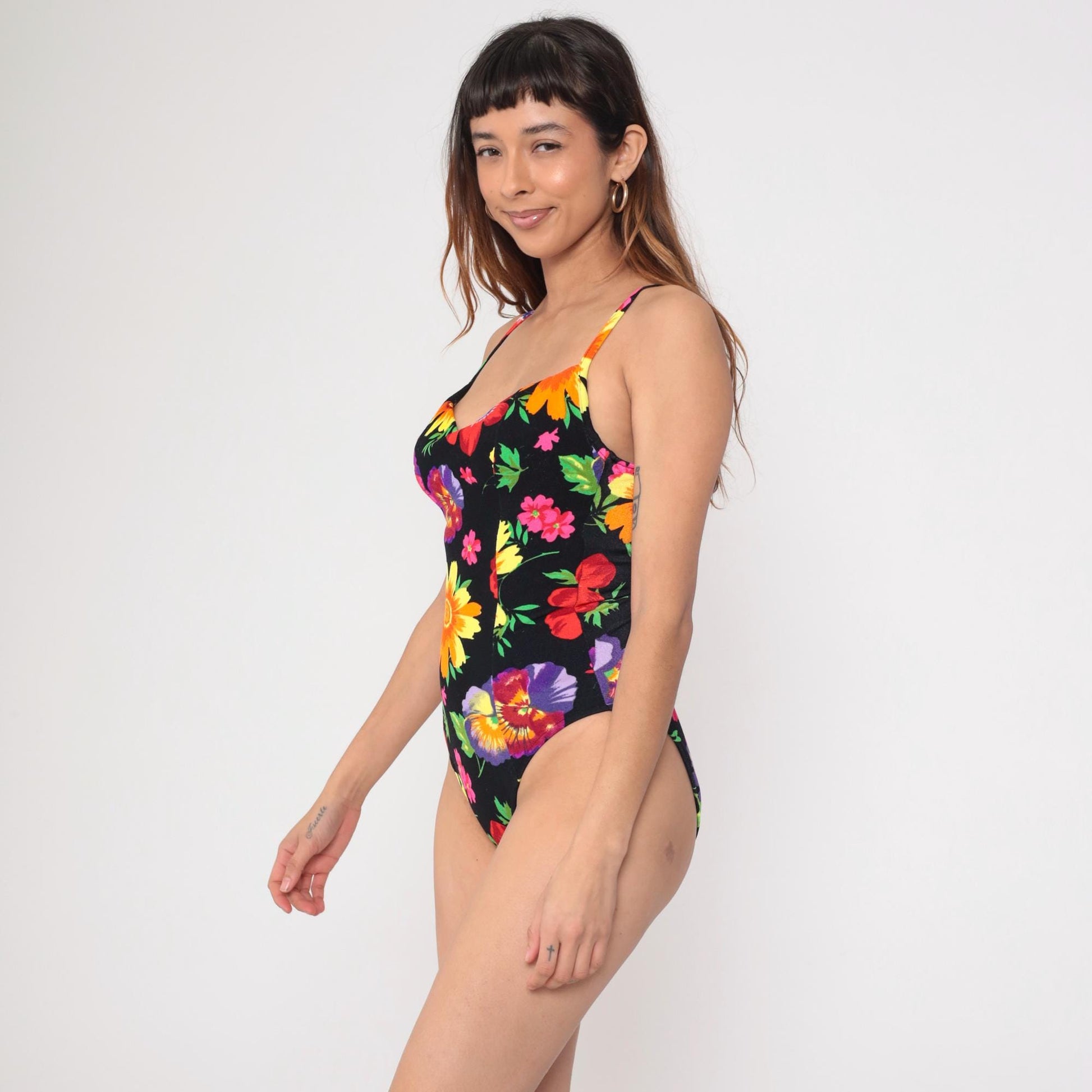 90s Floral One-Piece Swimsuit Black Scoop Back Tropical Print Small Medium