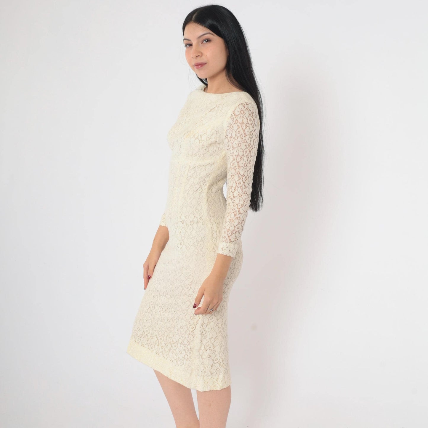 1960s Cream Lace Midi Dress Sheath Sheer Sleeve Cocktail Extra Small
