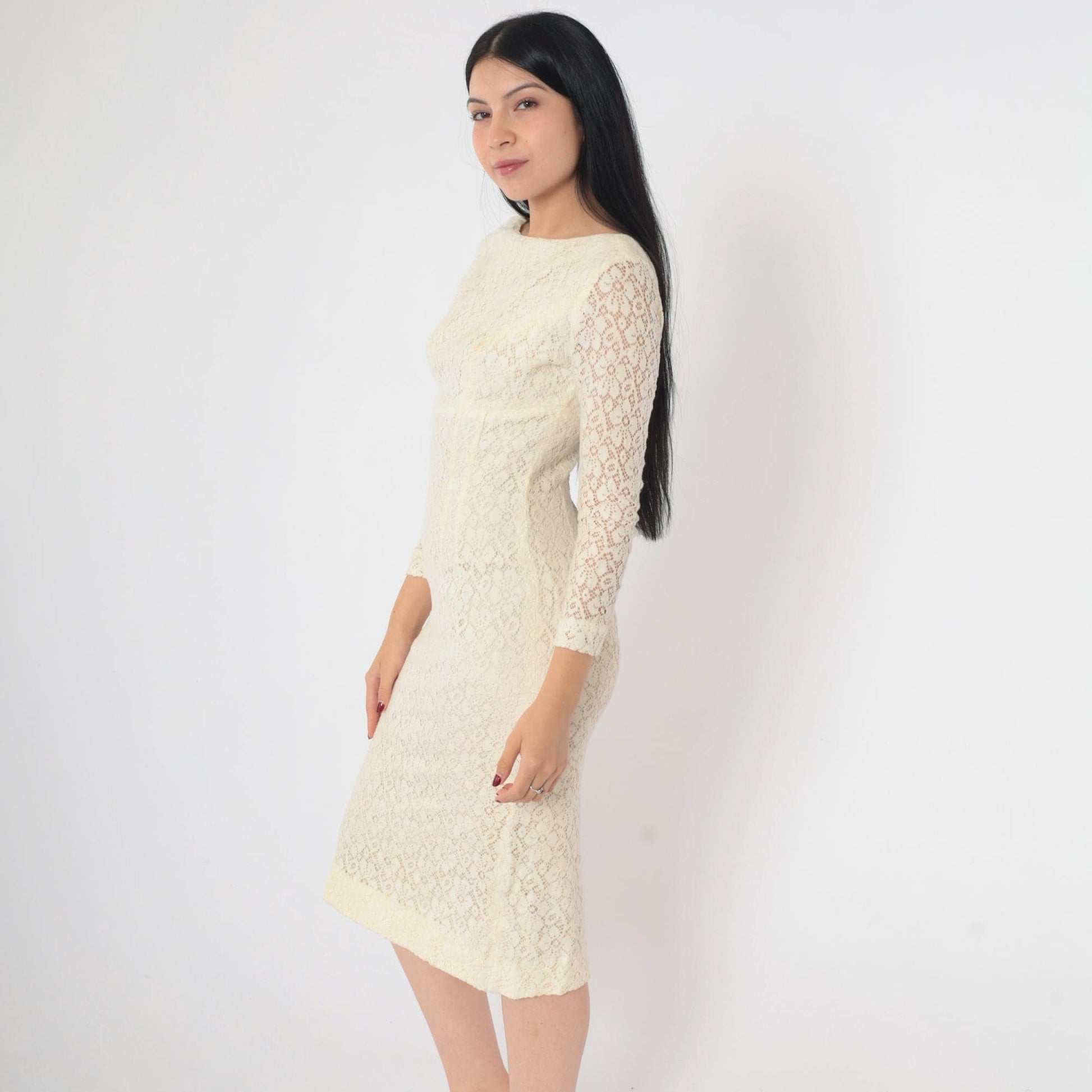 1960s Cream Lace Midi Dress Sheath Sheer Sleeve Cocktail Extra Small