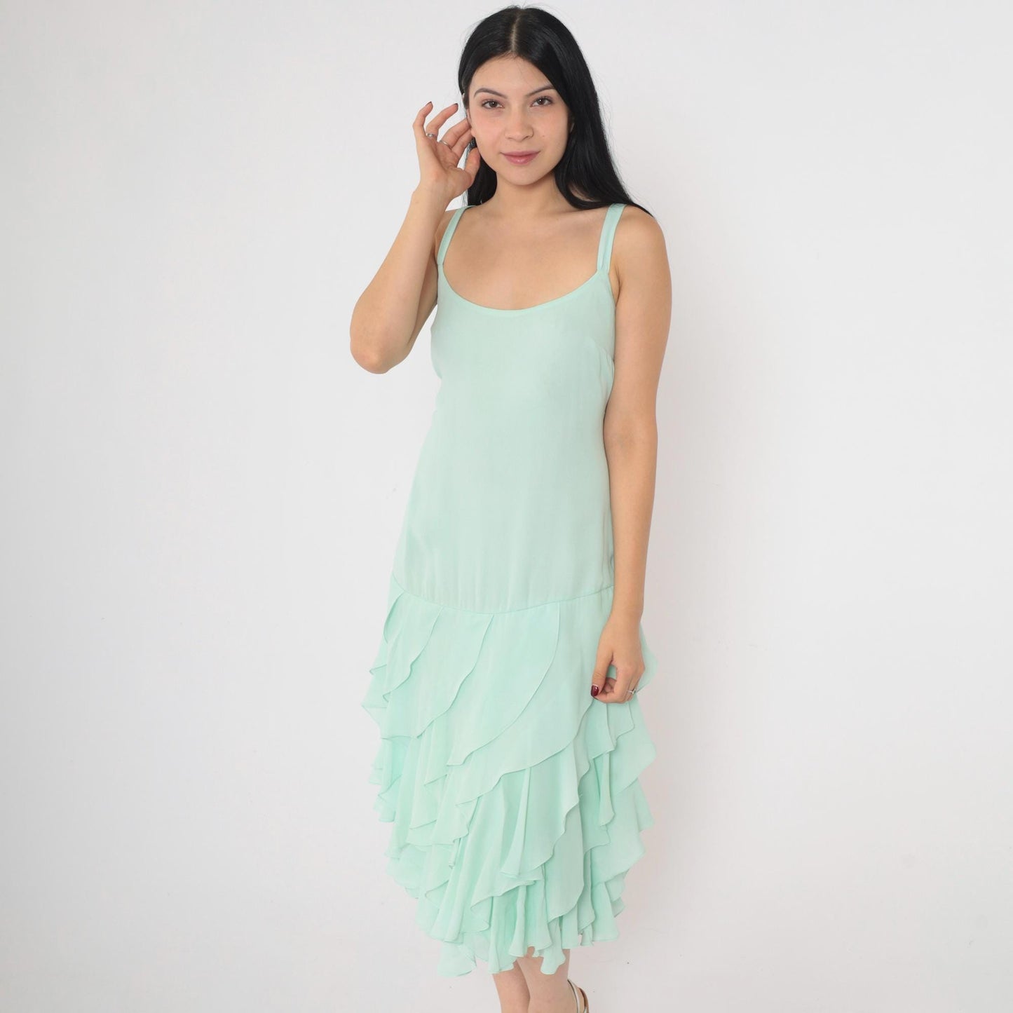 1970s Mint Green Midi Dress Spaghetti Straps Tiered Ruffle Hem Large