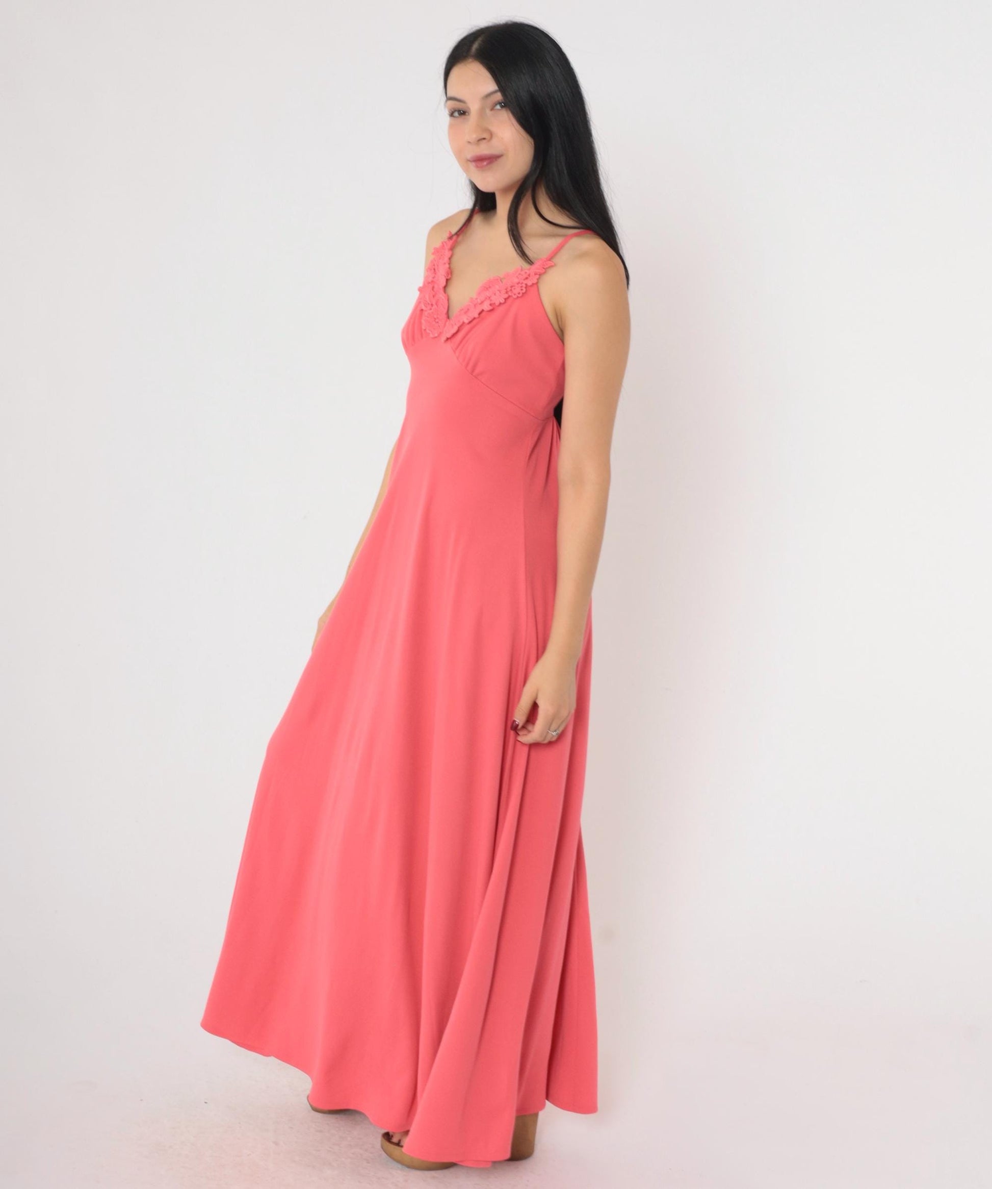 70s Coral Pink Grecian Maxi Dress Empire Waist Floral Lace Spaghetti Strap Extra Small