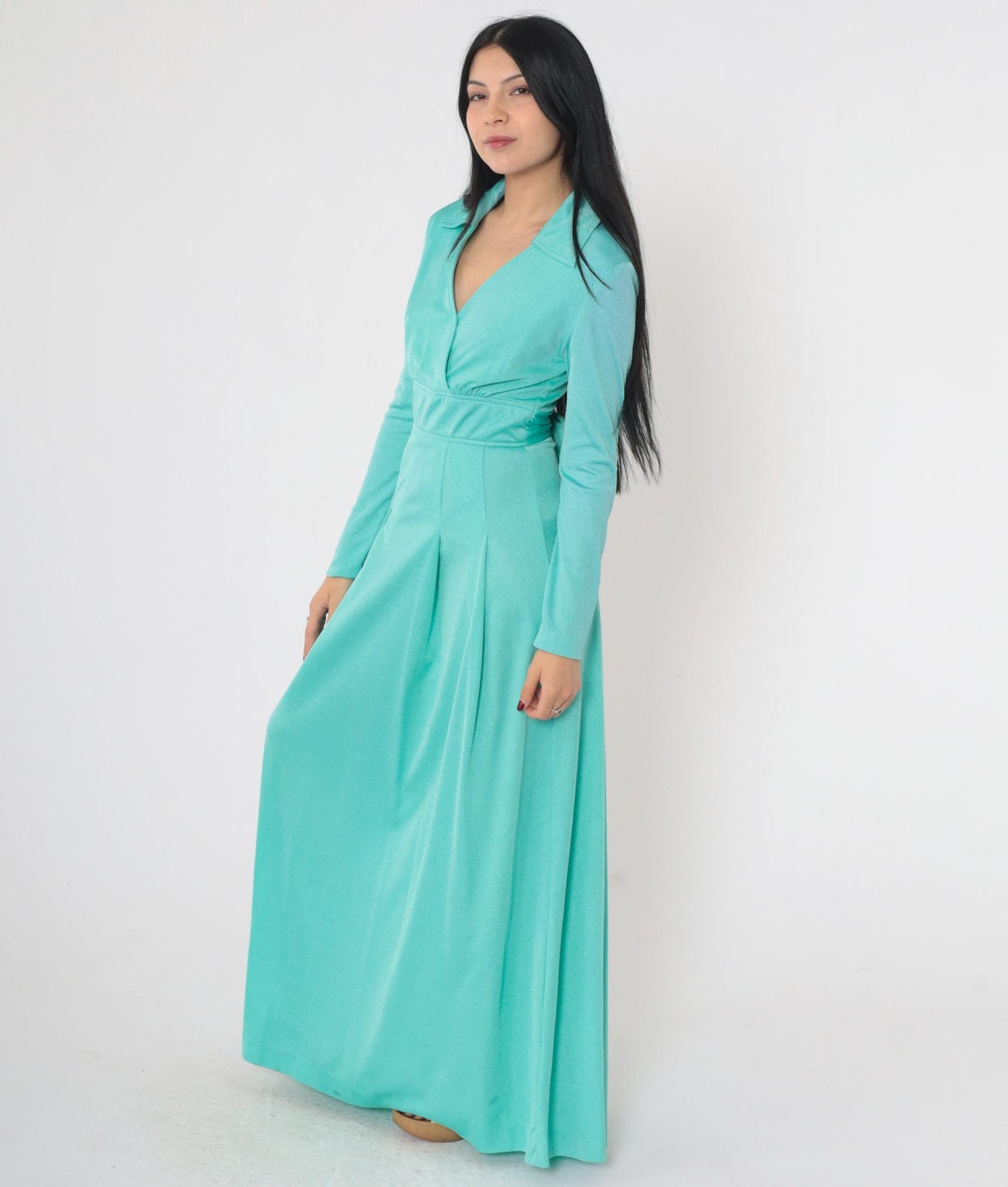 70s Turquoise Maxi Dress Plunge V-Neck Long Sleeve Belted Waist Small