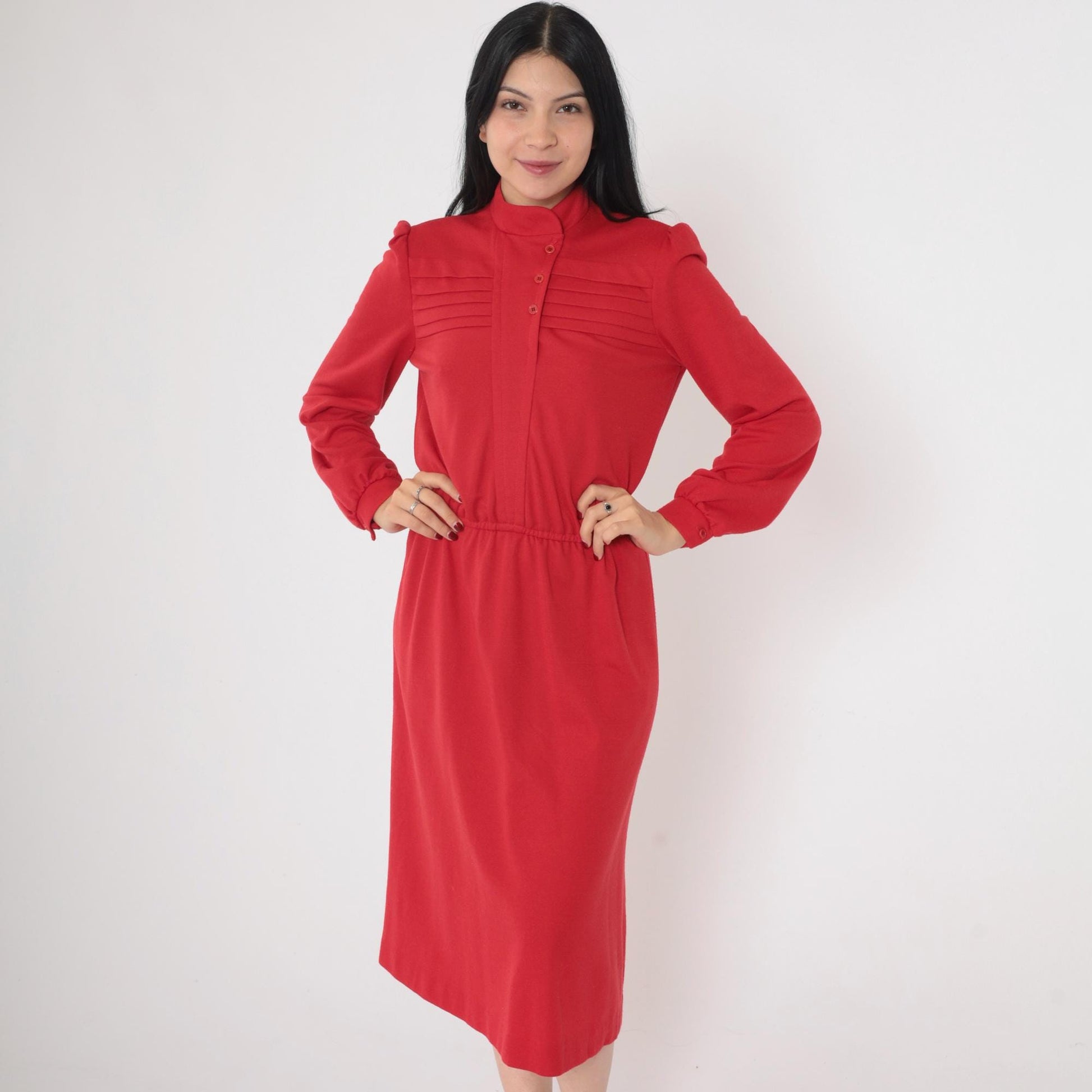 80s Red Button-Up Midi Dress High Neck Puff Sleeve Pleated Small