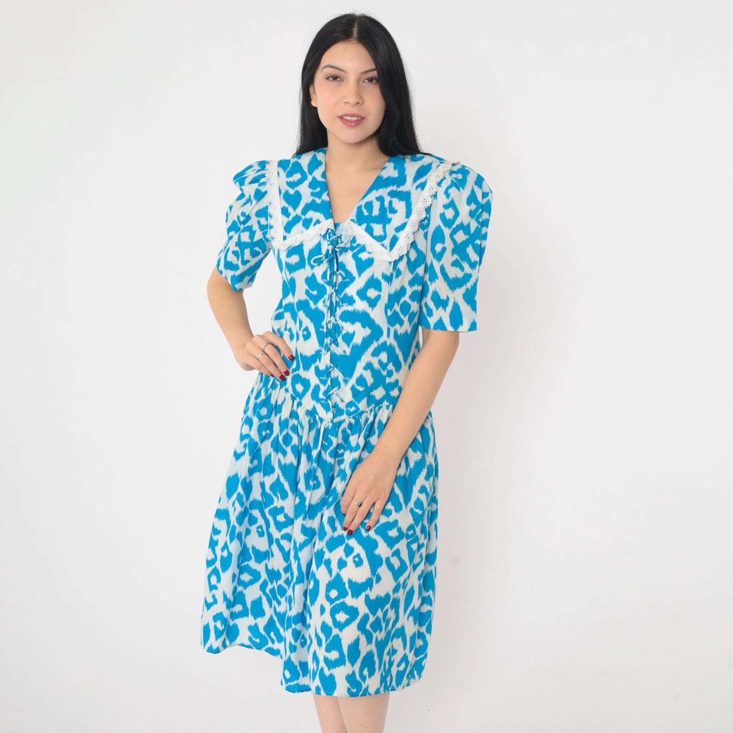 80s Blue Leopard Print Fit and Flare Midi Dress Sailor Collar Puff Sleeve Medium