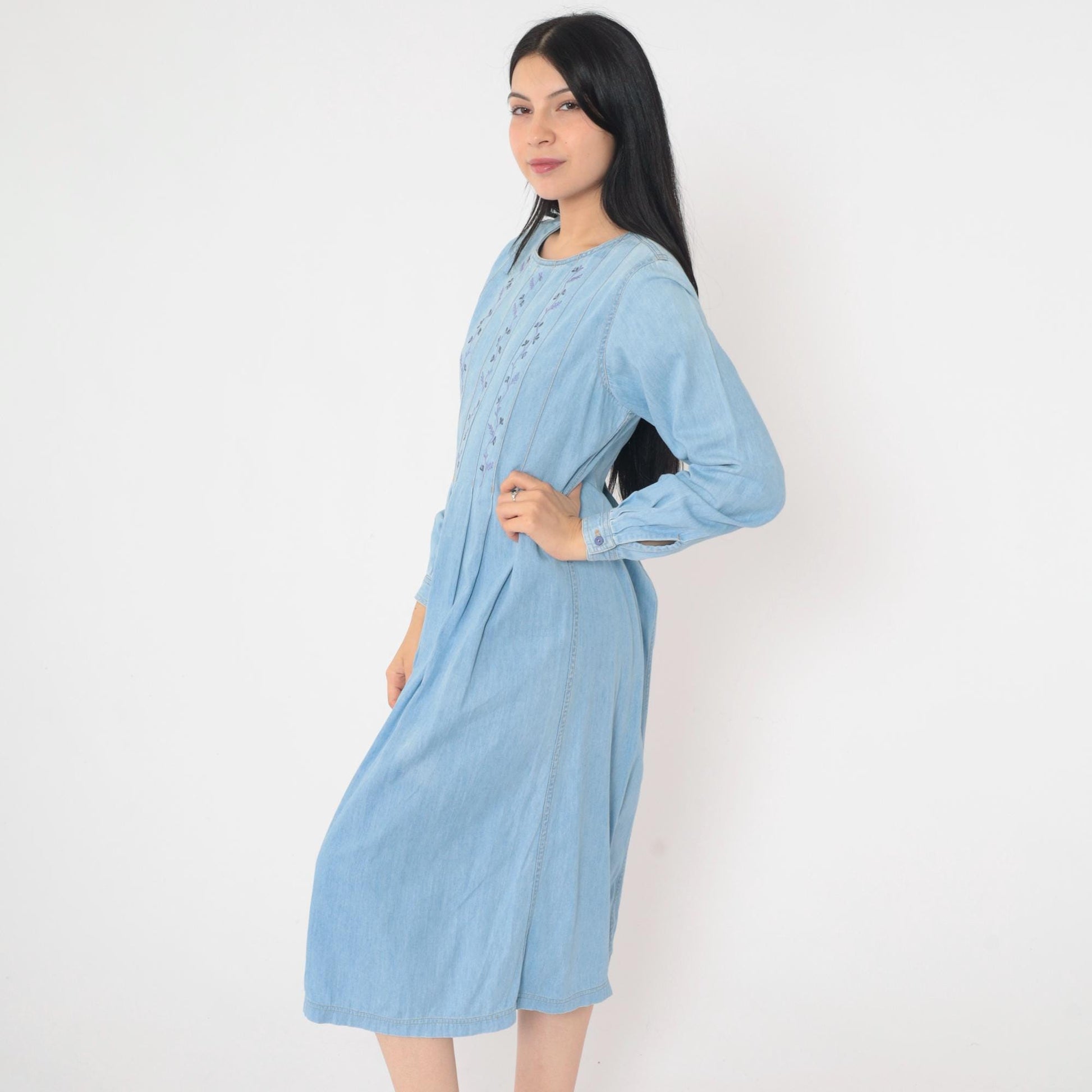 90s Lizwear Floral Embroidered Denim Midi Dress High Waist Pleated Small