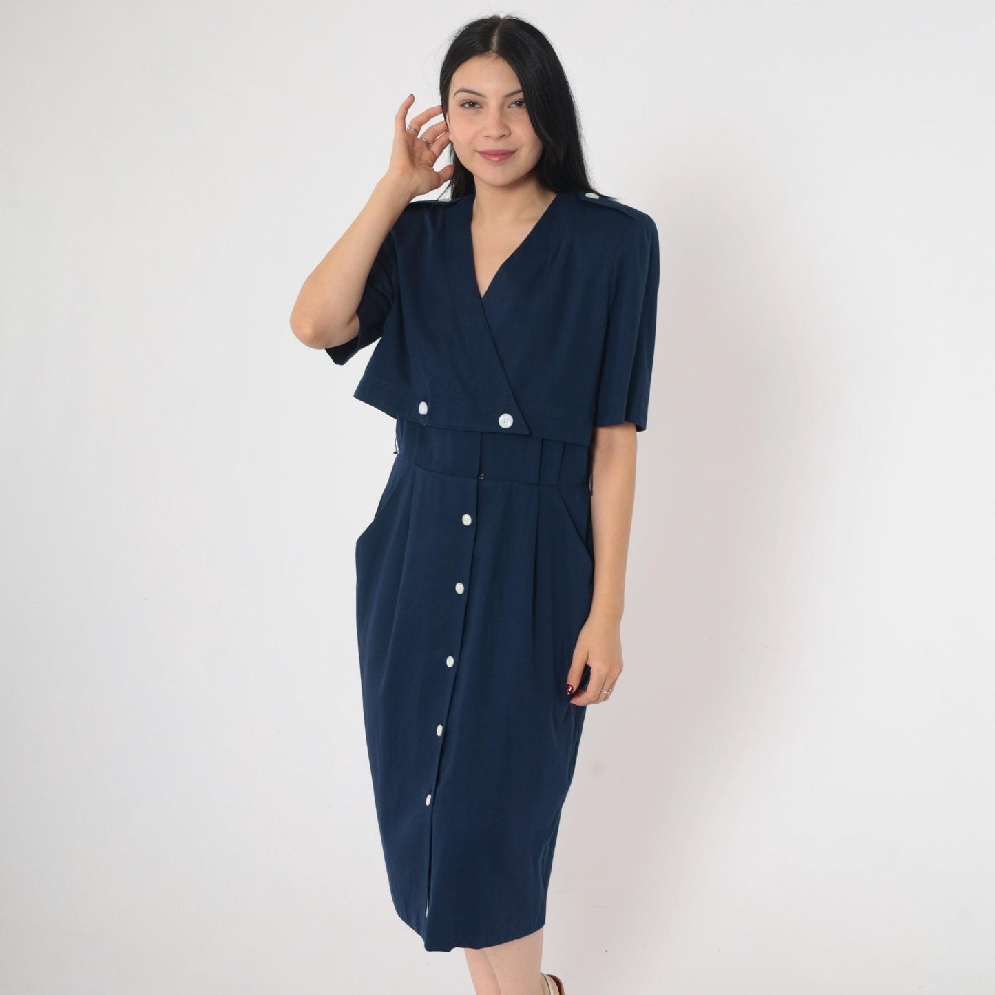 90s Navy Midi Shirt Dress High Waist Epaulette Button Up Medium