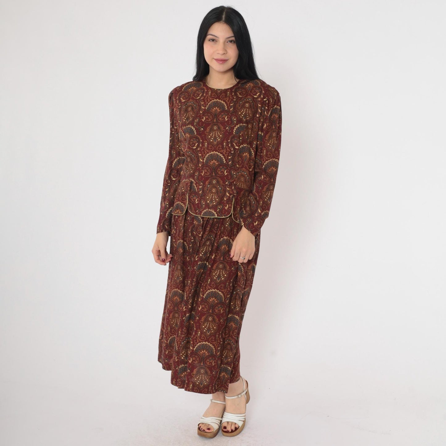 90s Maroon Paisley Midi Dress Gold Trim Puff Sleeve Button Back Medium