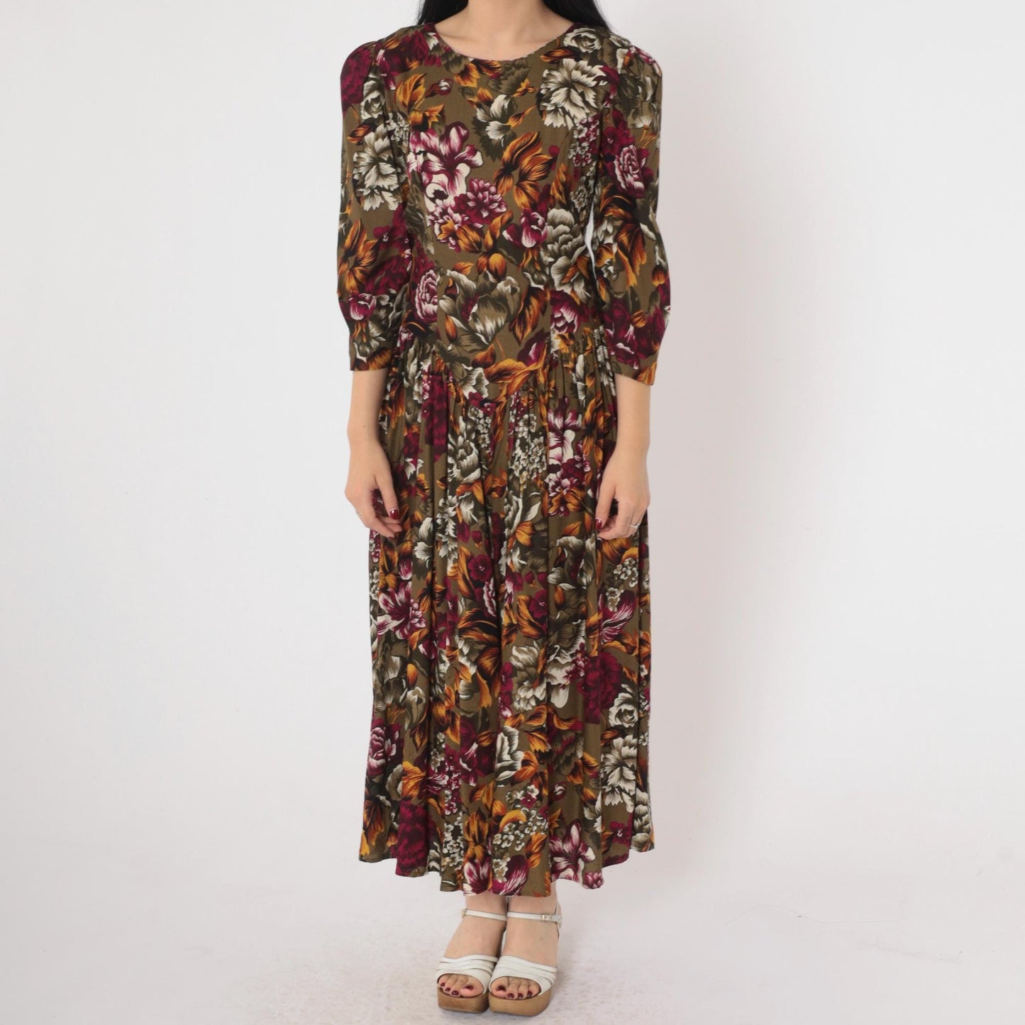 90s Olive Brown Floral Dress Puff Sleeve Basque Waist Ankle Length Medium