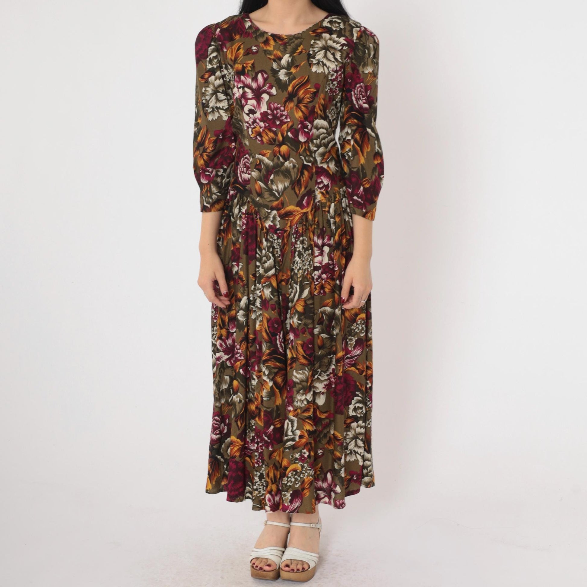 90s Olive Brown Floral Dress Puff Sleeve Basque Waist Ankle Length Medium