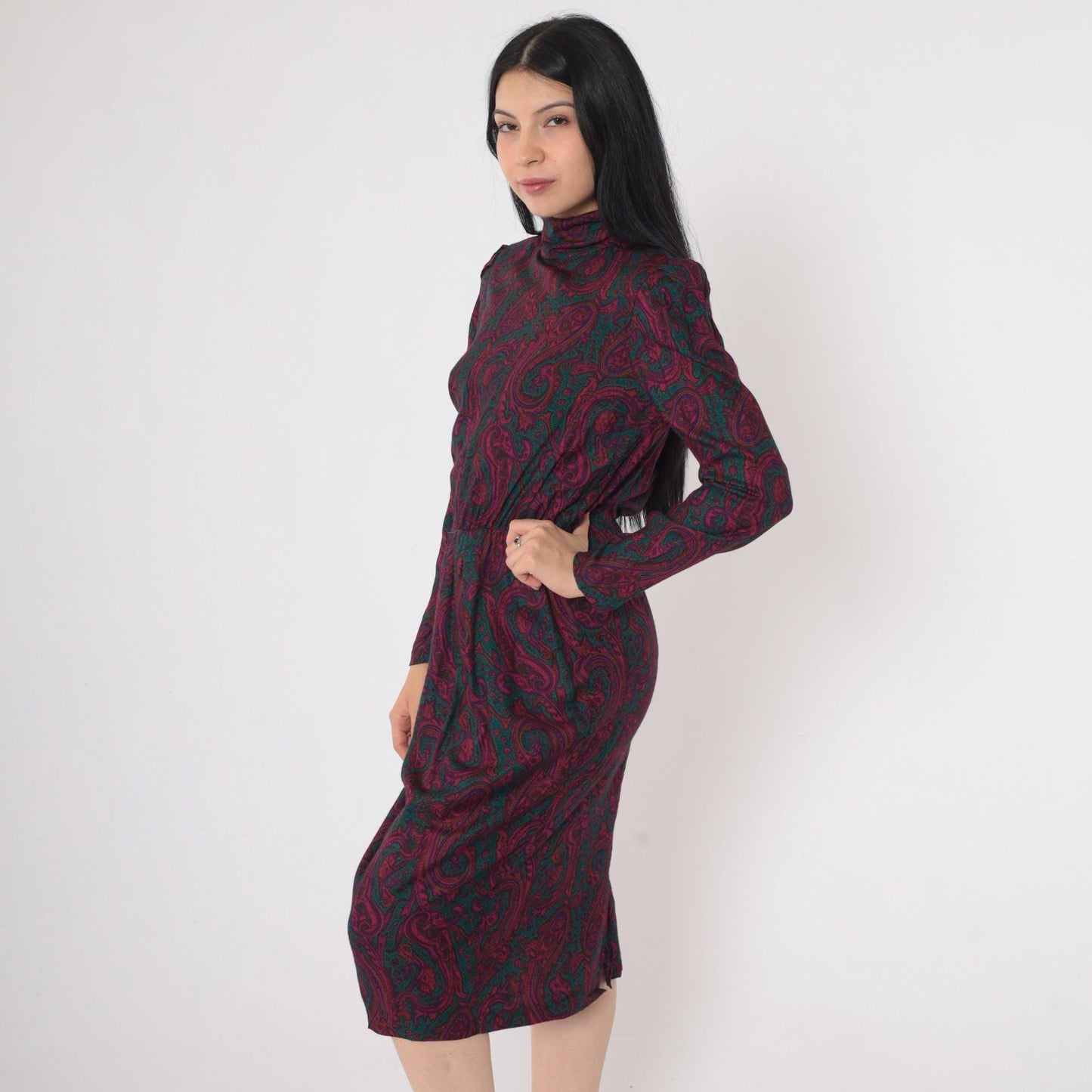 80s Paisley Midi Dress Mock Neck Puff Sleeve Pleated High Waist Small 6