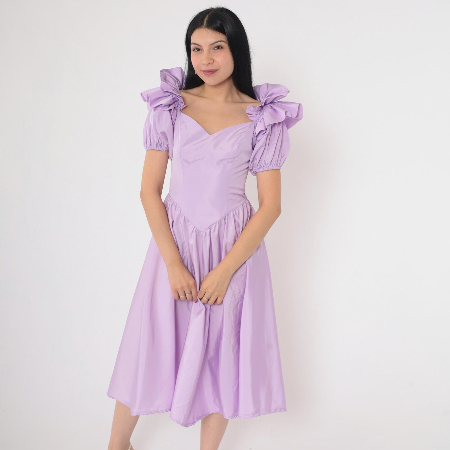 80s Lavender Puff Sleeve Ball Gown Sweetheart Neckline Basque Waist Small