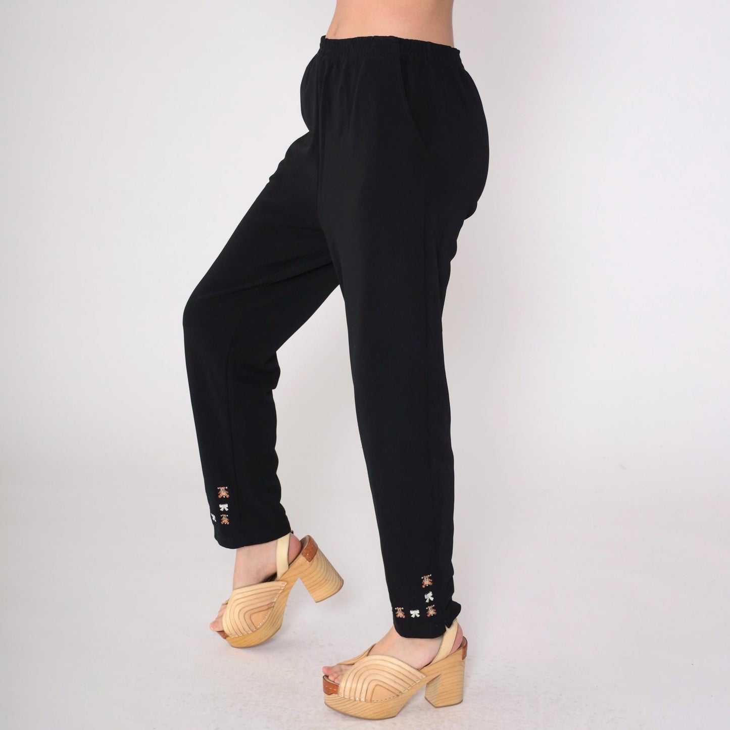 90s Black Tapered Pants Teddy Bears Bows High Waist Large L