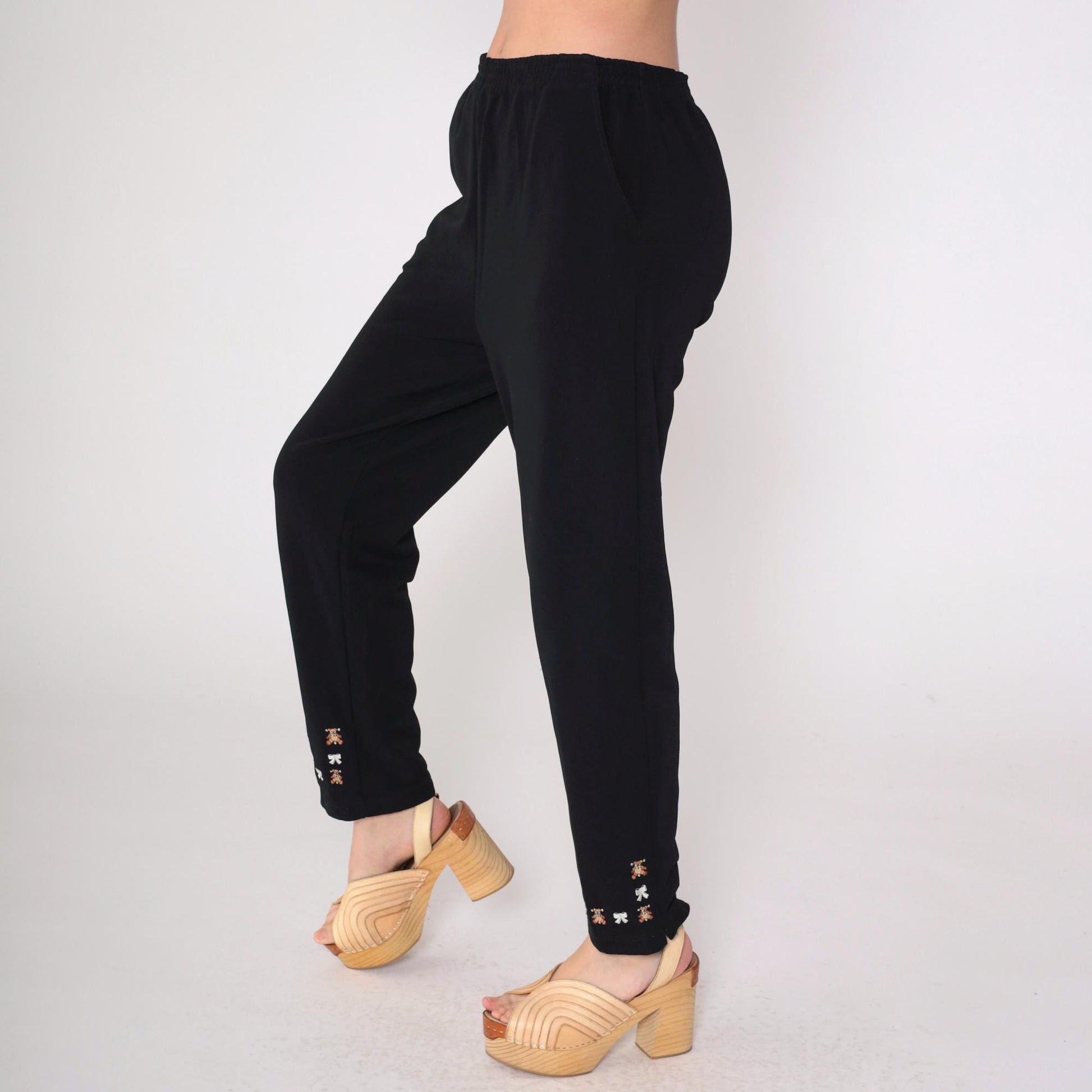 90s Black Tapered Pants Teddy Bears Bows High Waist Large L