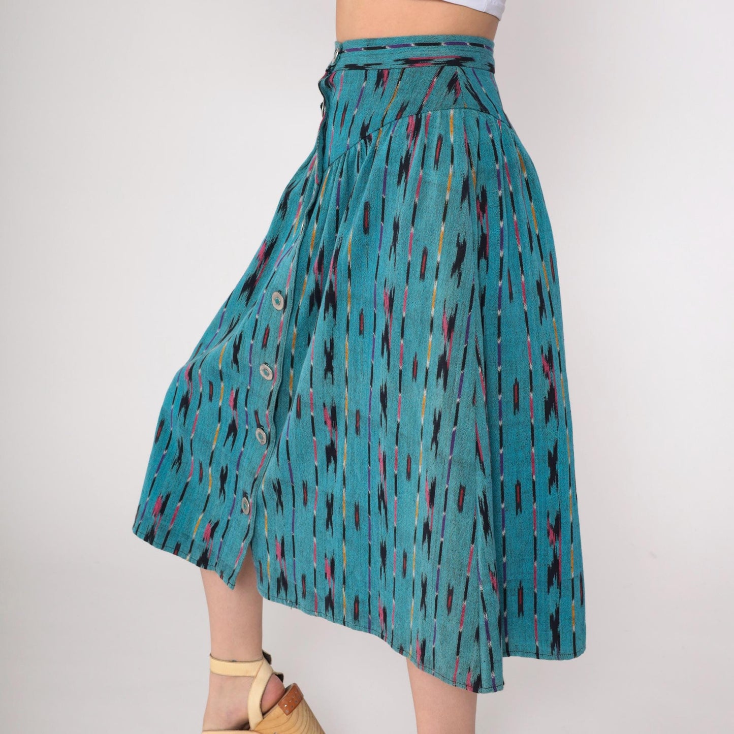 90s Teal Ikat Midi Skirt Button Front High Waist Southwestern Extra Small
