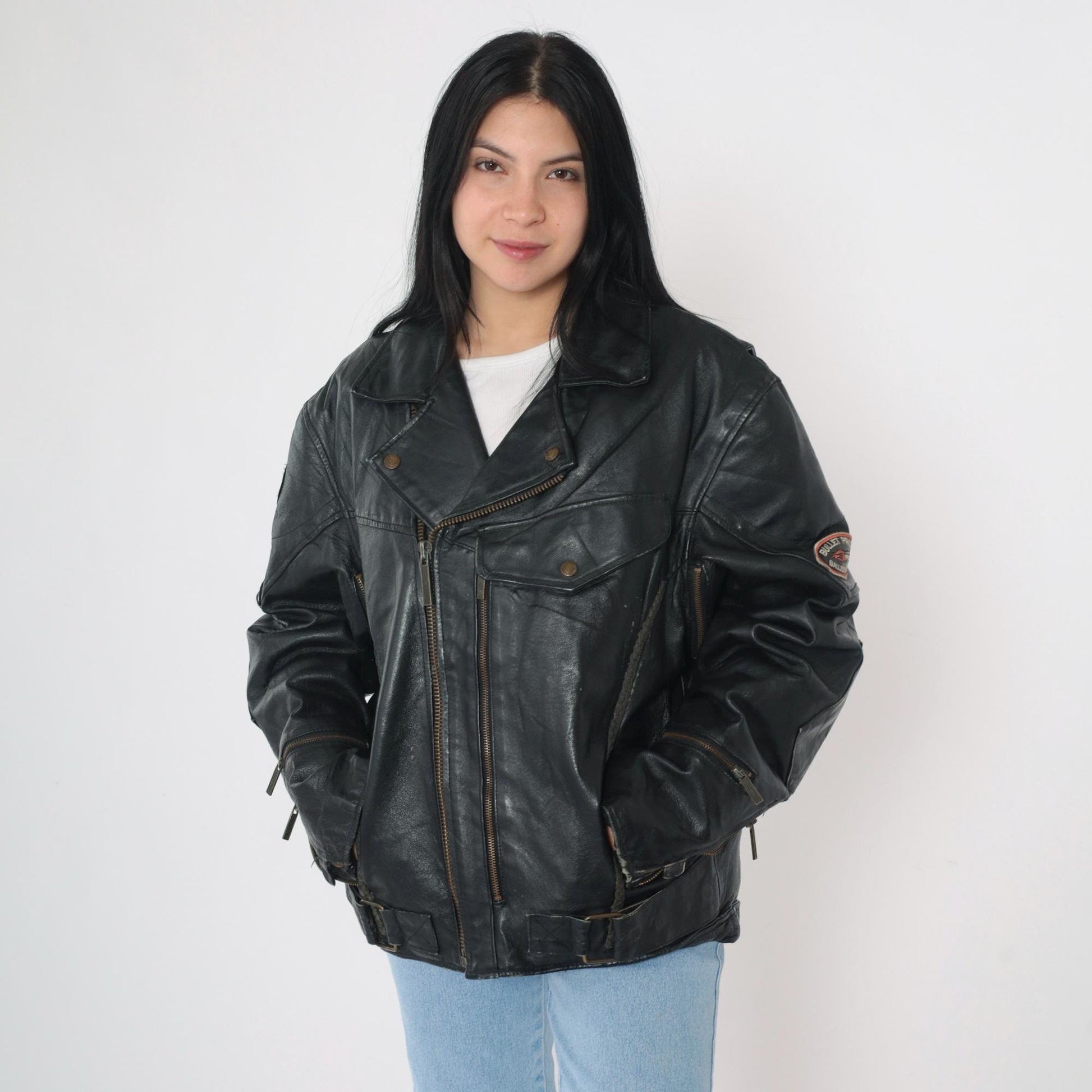 90s Black Leather Motorcycle Jacket POW MIA Patch Ace Spades Harley Medium