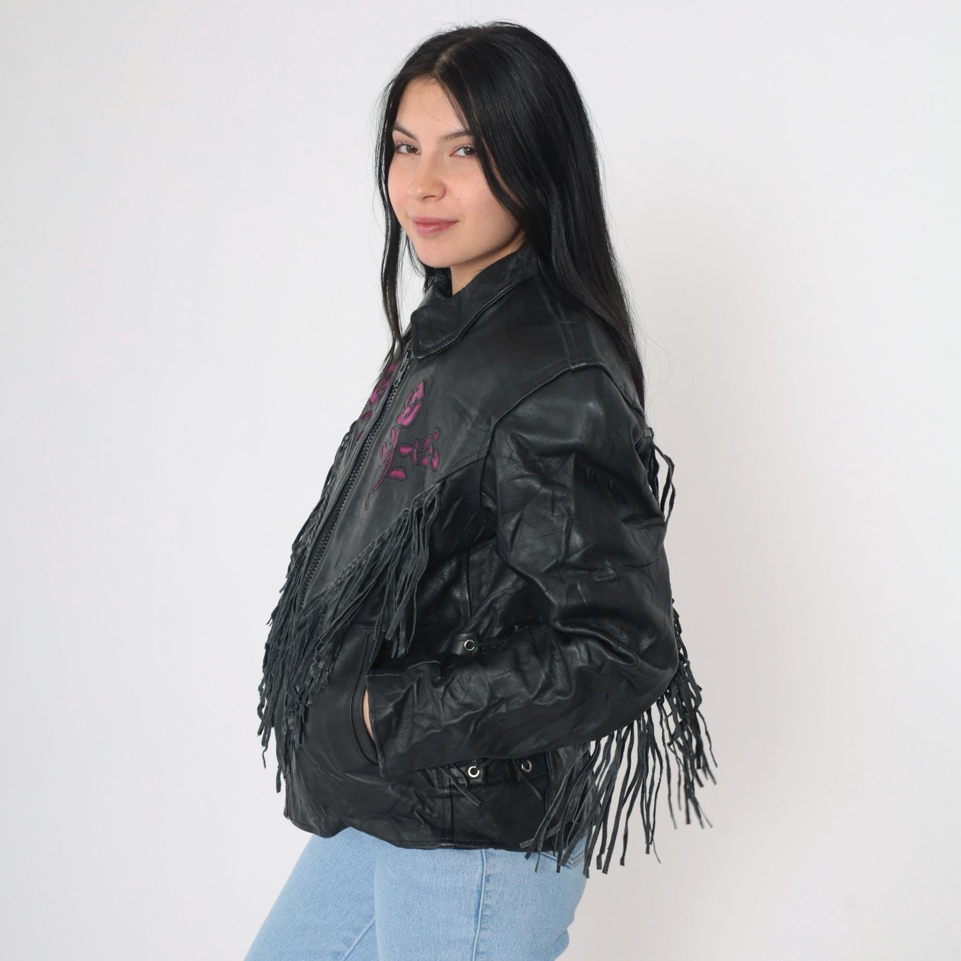 90s Black Leather Fringe Jacket Purple Suede Roses Western Biker Large L