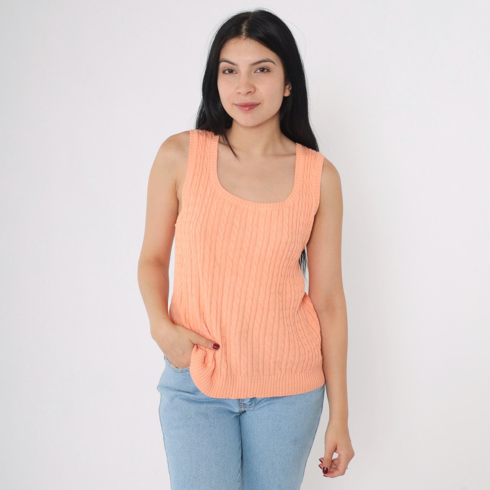 90s Cable Knit Vest Peach Scoop Neck Sleeveless Pullover Small