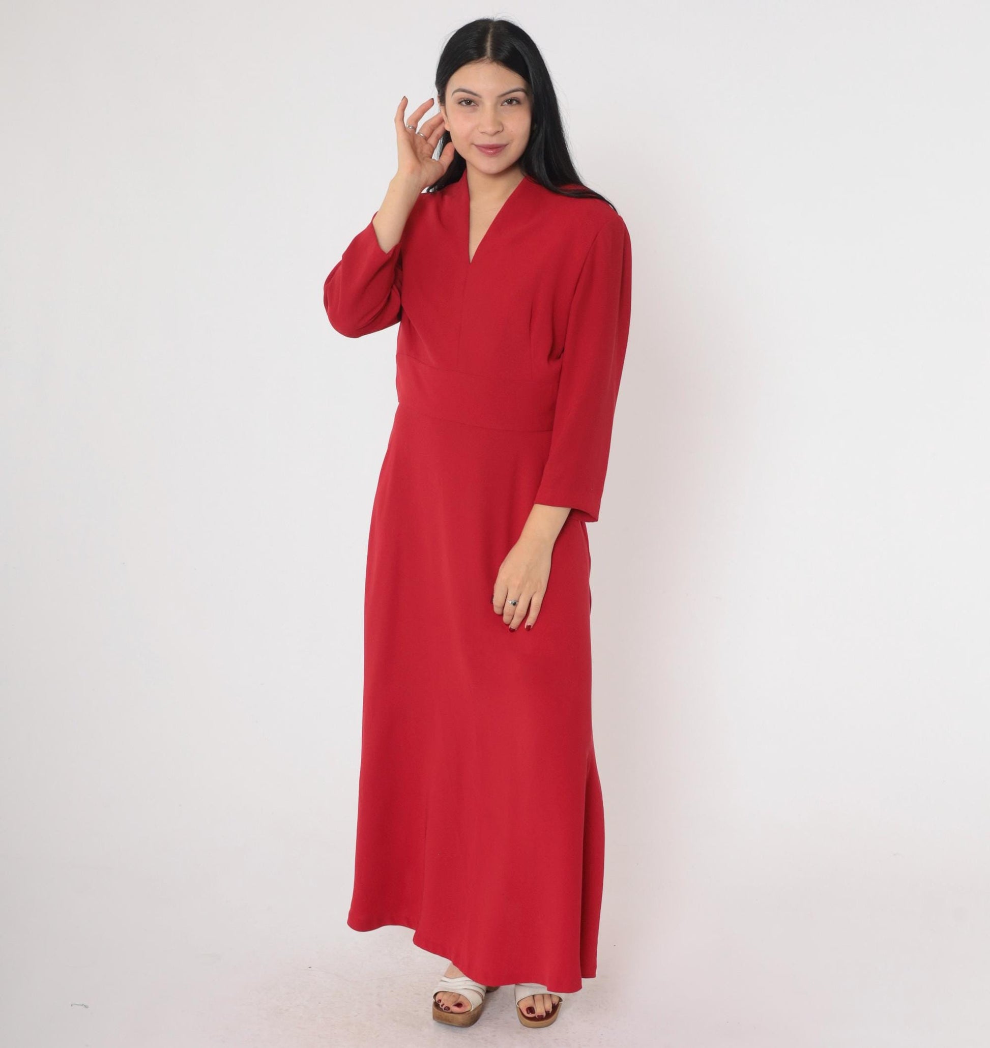 90s Donna Morgan Red Maxi Dress V-Neck High Waist Long Sleeve Small