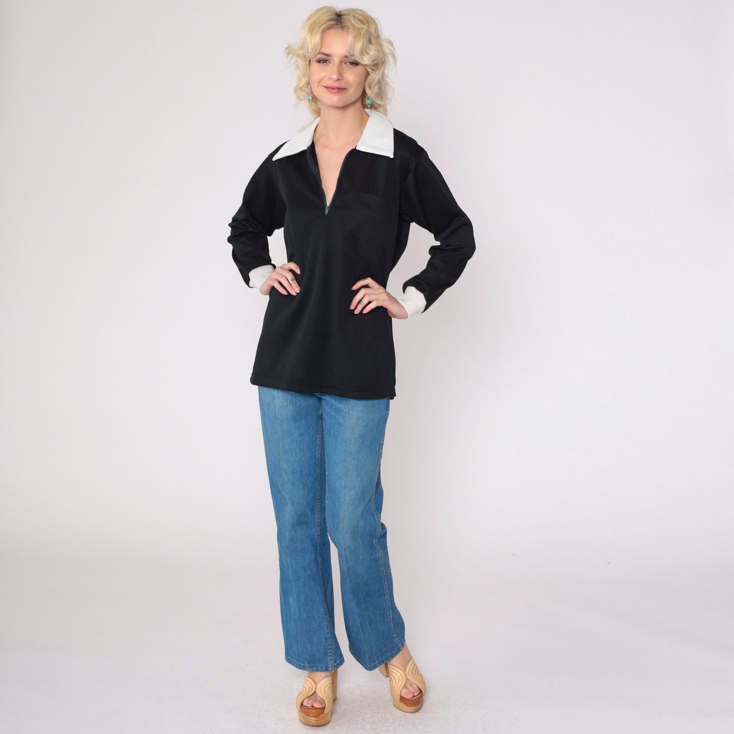 70s Black White Dagger Collar Zip Shirt Quarter Zipper Mod Top Medium