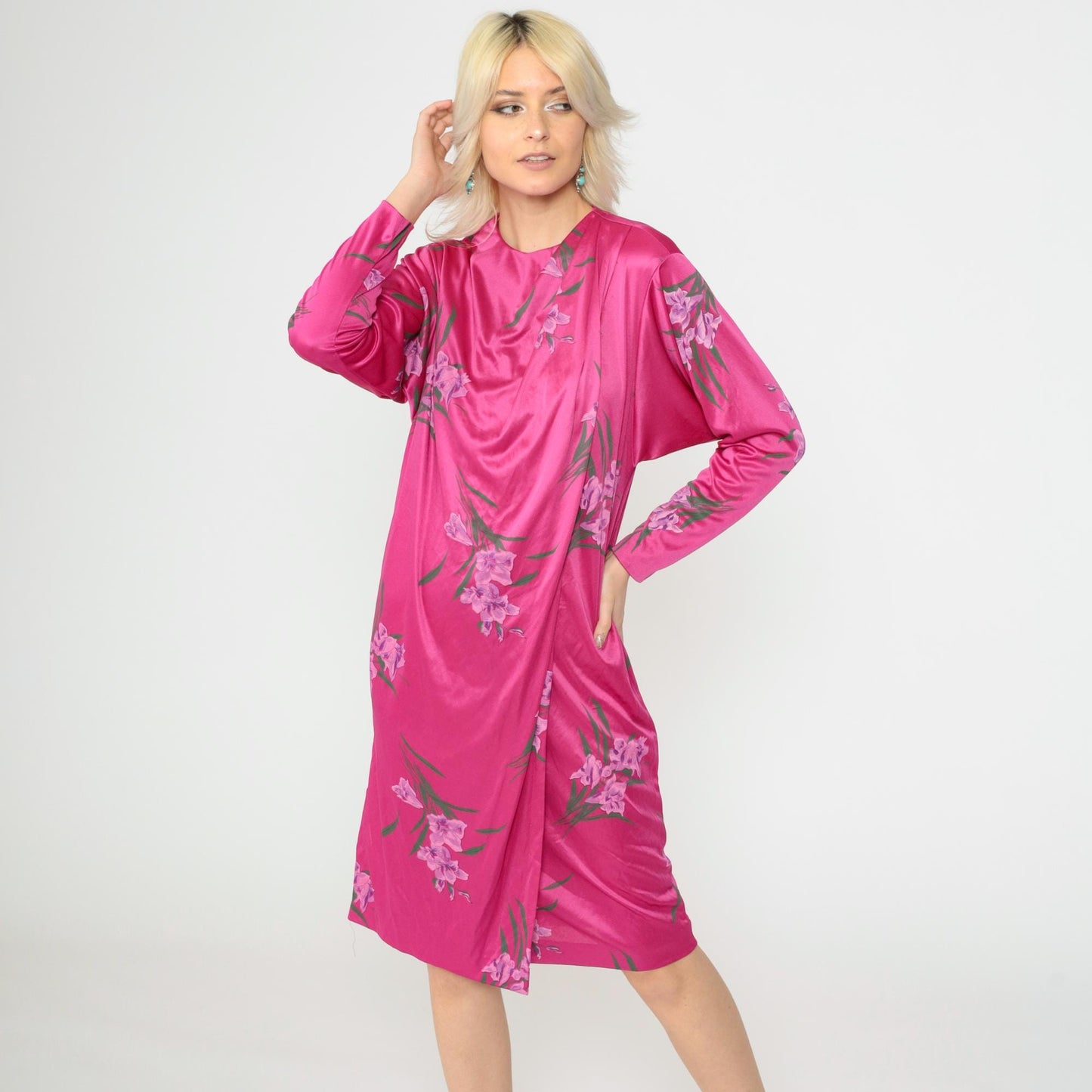 70s Floral Shift Dress Bright Pink Tropical Print Long Sleeve Midi Medium