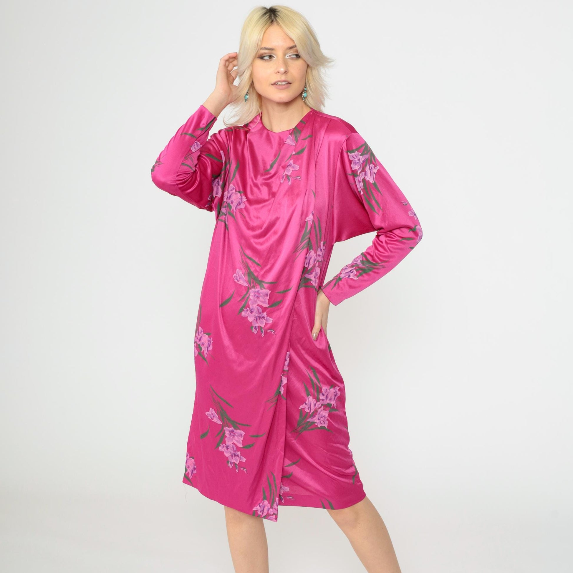 70s Floral Shift Dress Bright Pink Tropical Print Long Sleeve Midi Medium