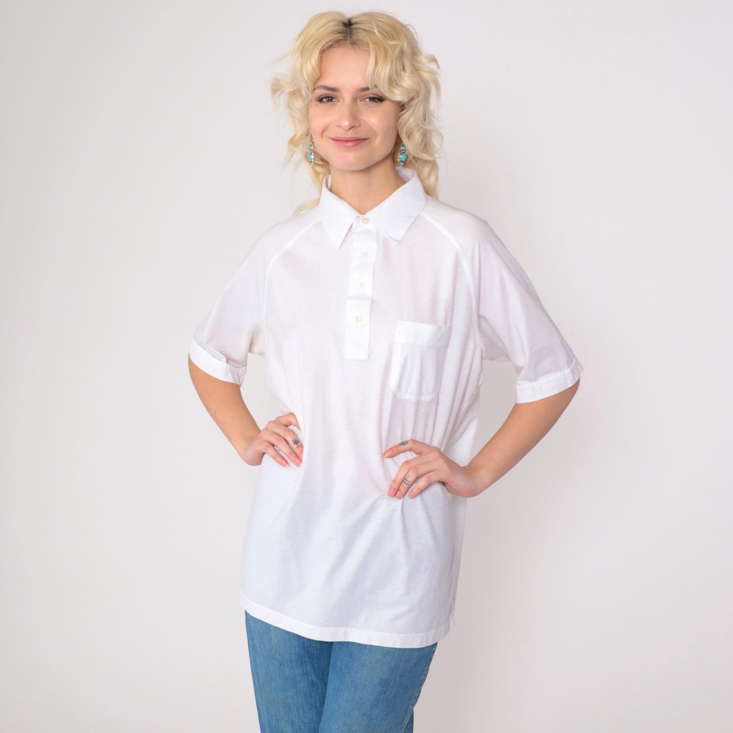 80s Tournament White Polo Shirt Raglan Sleeve Collared Large