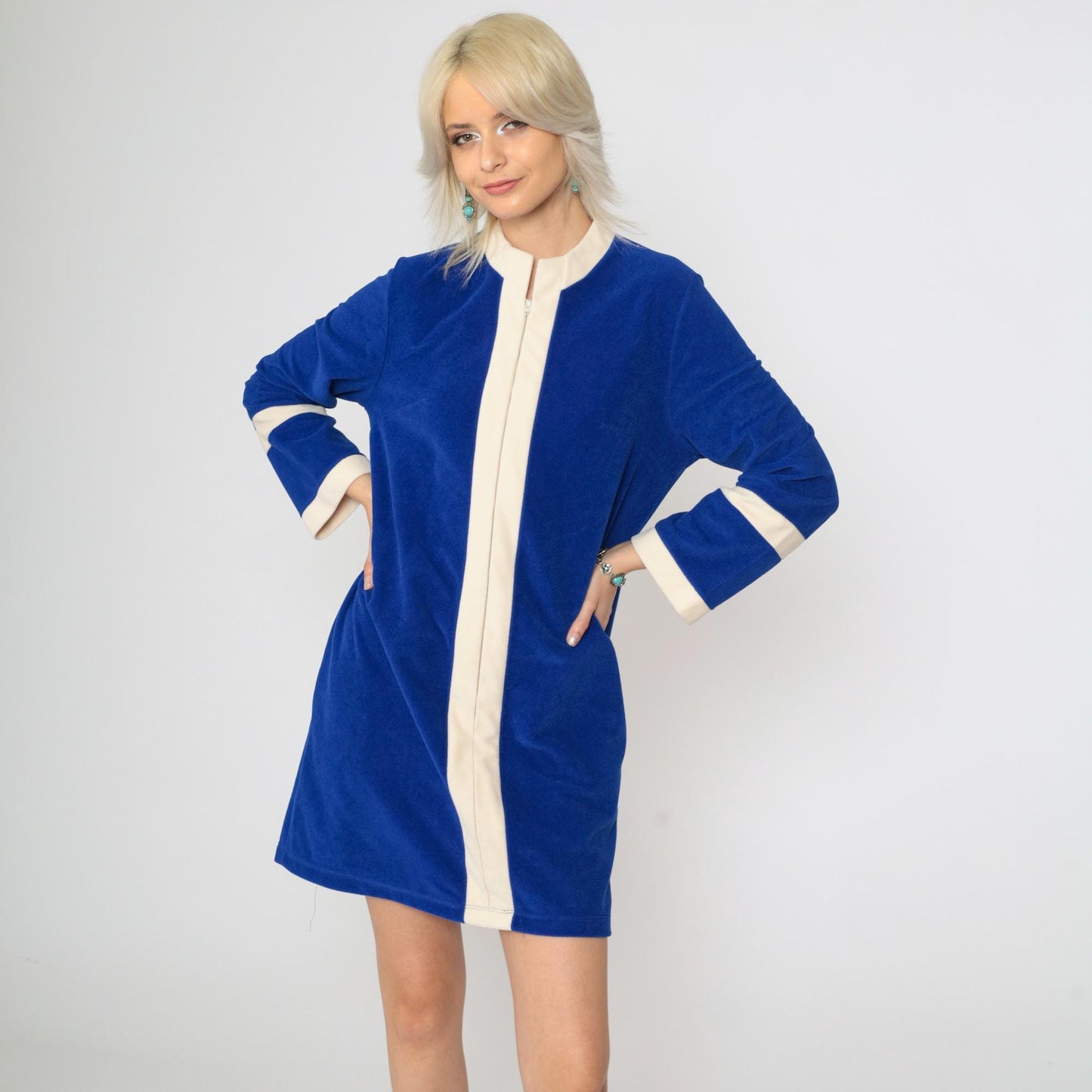 70s Vanity Fair Velour Robe Dress Royal Blue Stripe Mini Mandarin Collar Medium