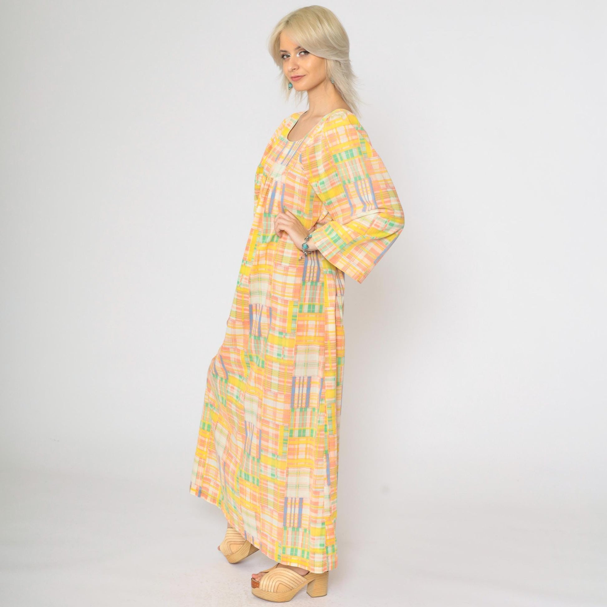 70s Patchwork Plaid Caftan Maxi Dress Wide Sleeve Yellow Peach Small