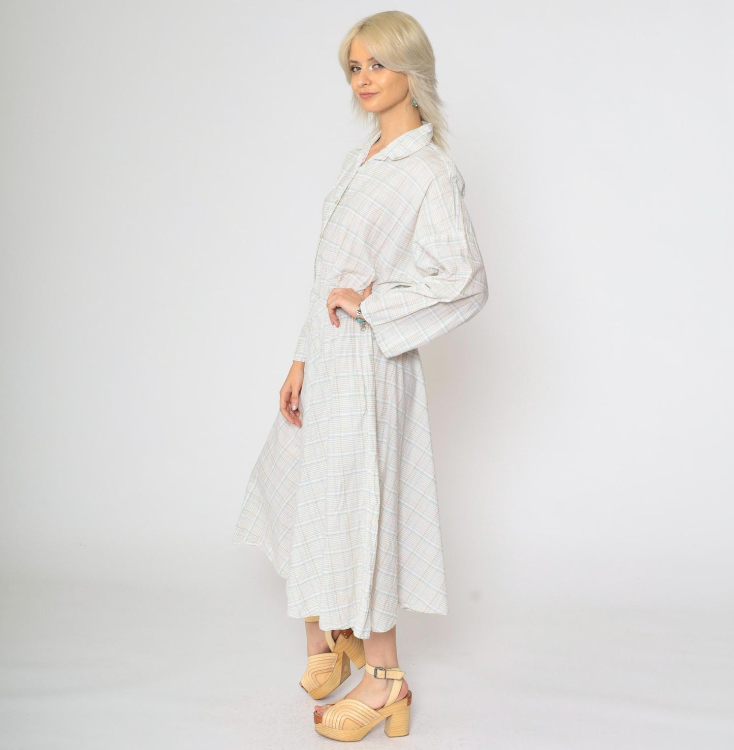 80s American Shirt Dress Plaid Midi Button-Up White Tan Aqua Cotton Medium Large