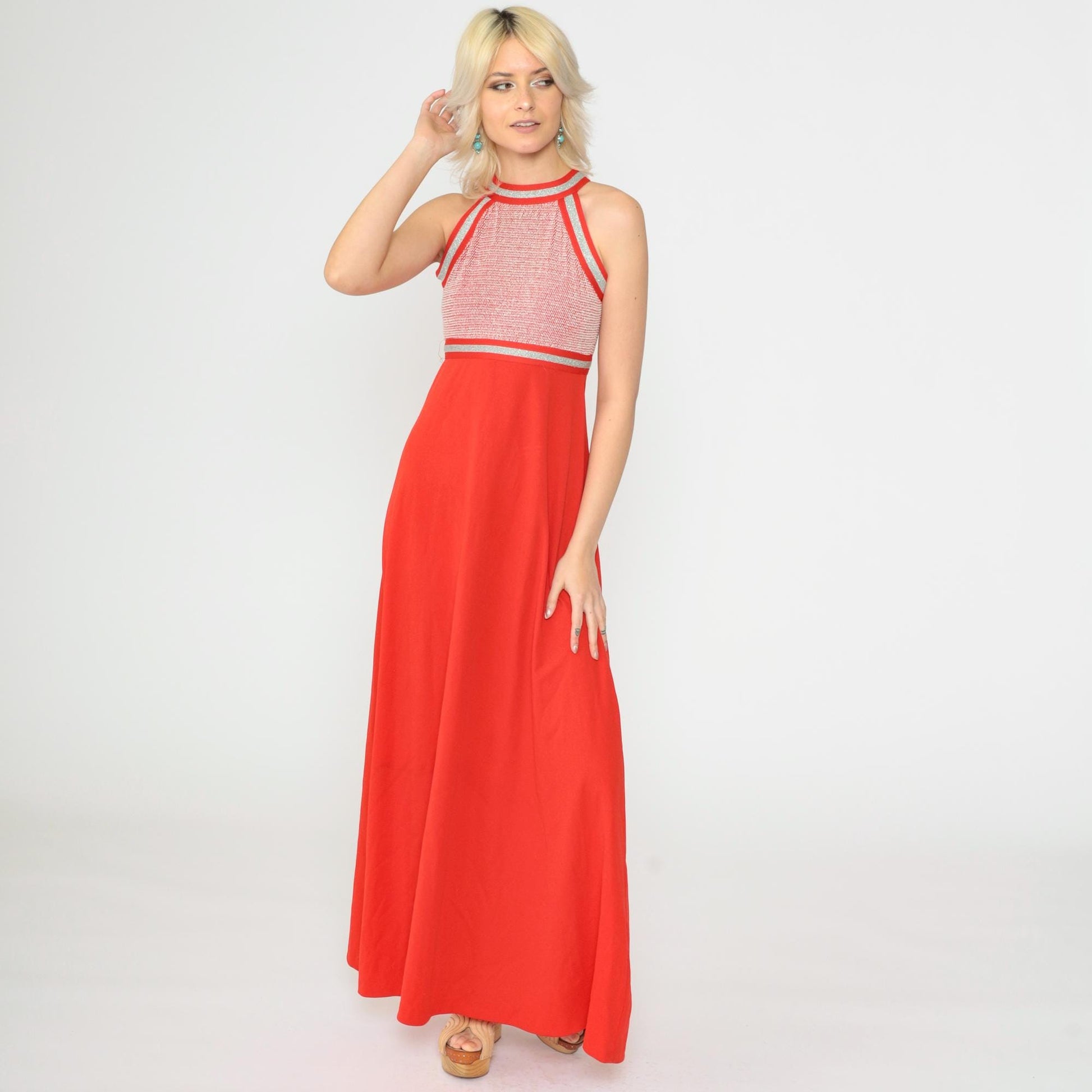 70s Red Metallic Halter Maxi Dress Empire Waist Racerback Extra Small