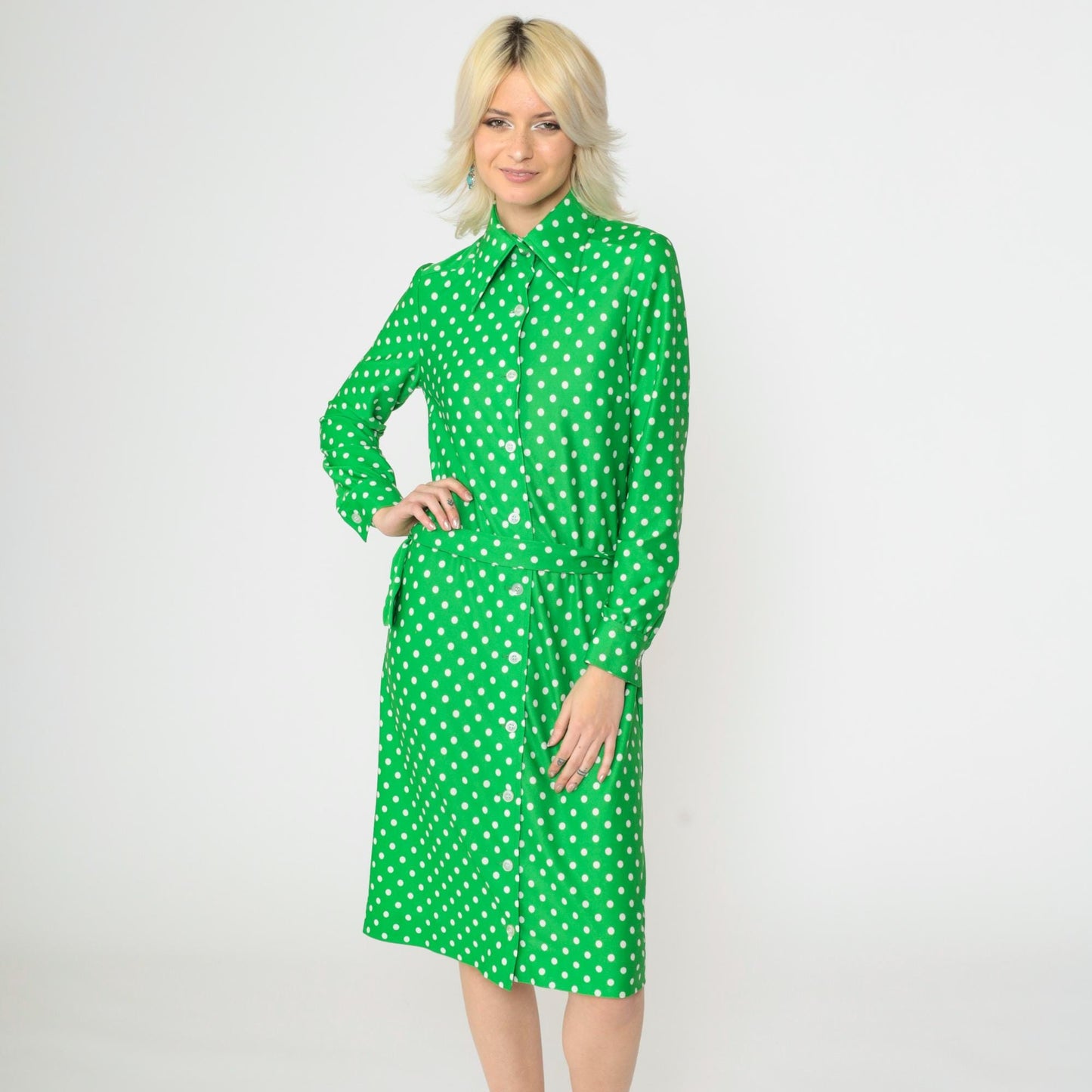 70s Green Polka Dot Shirtdress Midi Button-Up Dagger Collar Small S