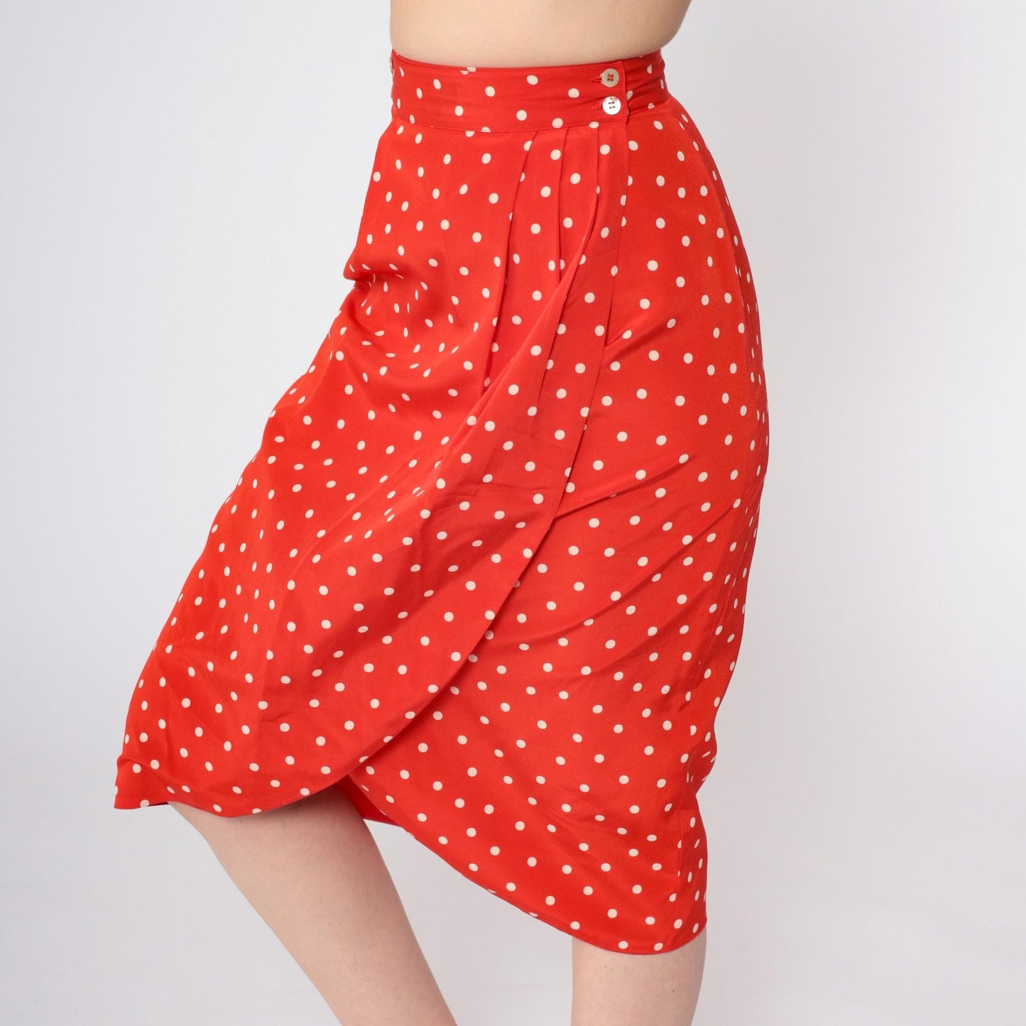 90s Liz Claiborne Polka Dot Tulip Wrap Midi Skirt Red Extra Small