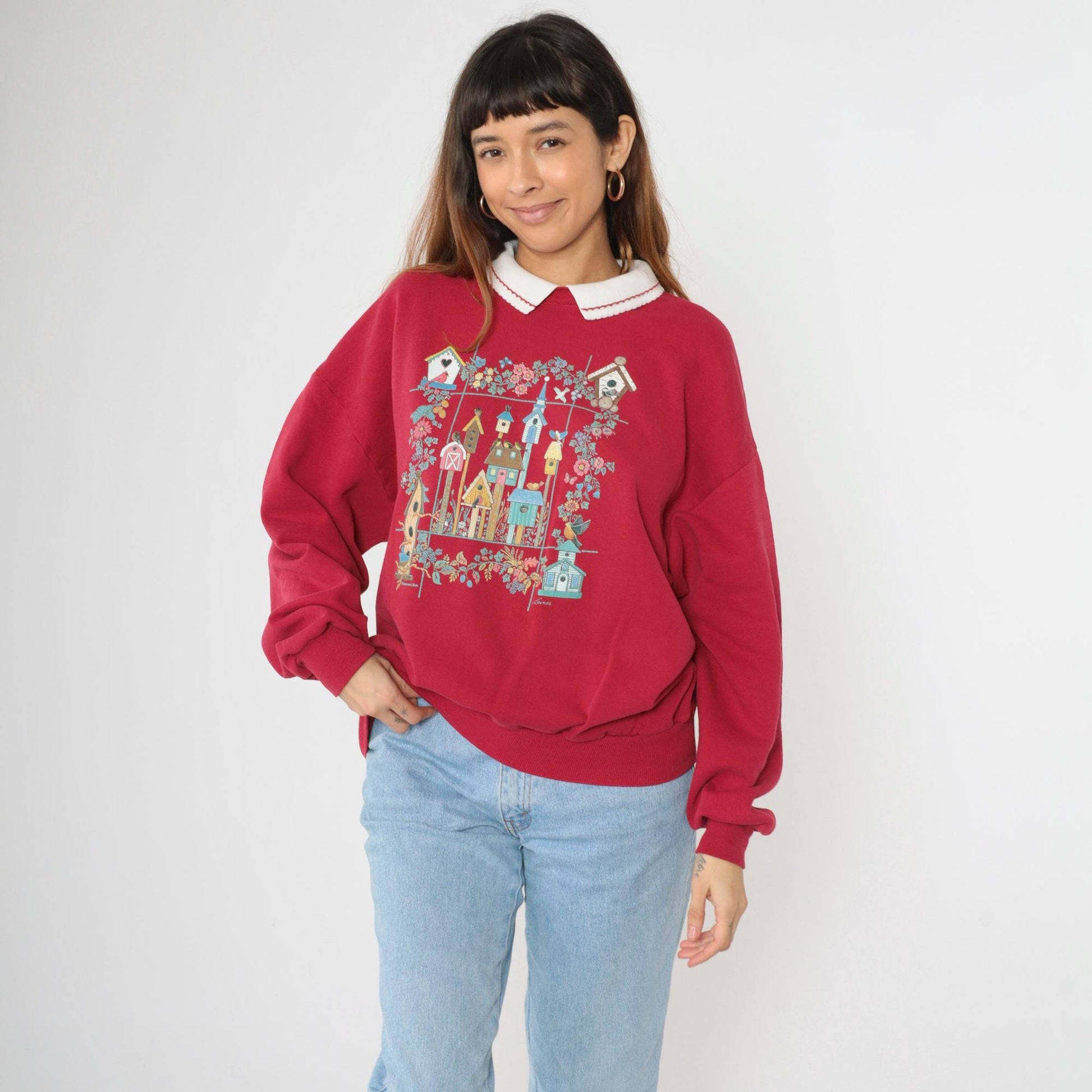 90s Morning Sun Red Birdhouse Collared Sweatshirt Graphic Jumper Extra Large