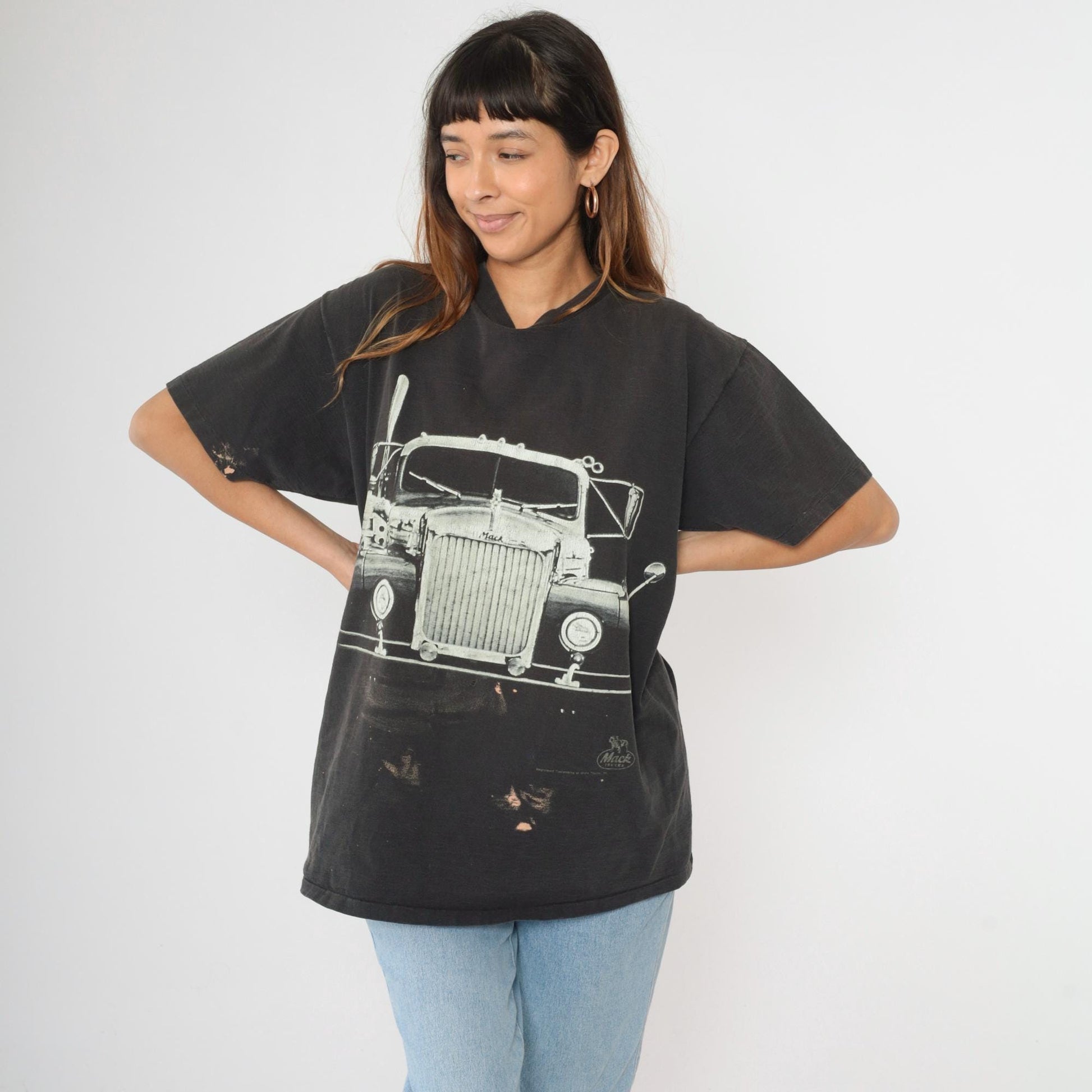 90s Mack Truck Graphic T-Shirt Distressed Black Cotton Tee Extra Large XL