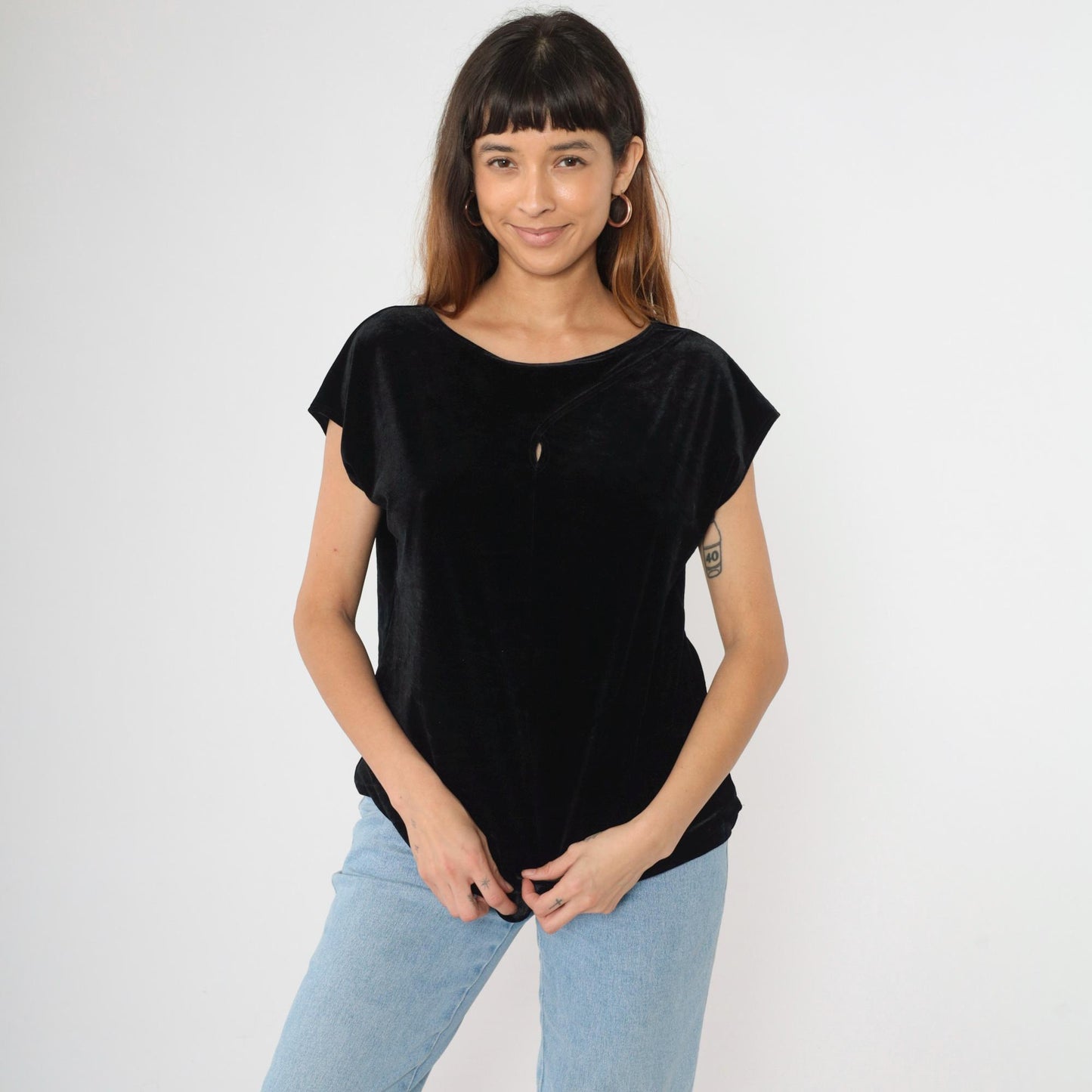 Y2K Black Velvet Keyhole Cutout Blouse Short Sleeve Chico's Top Extra Small