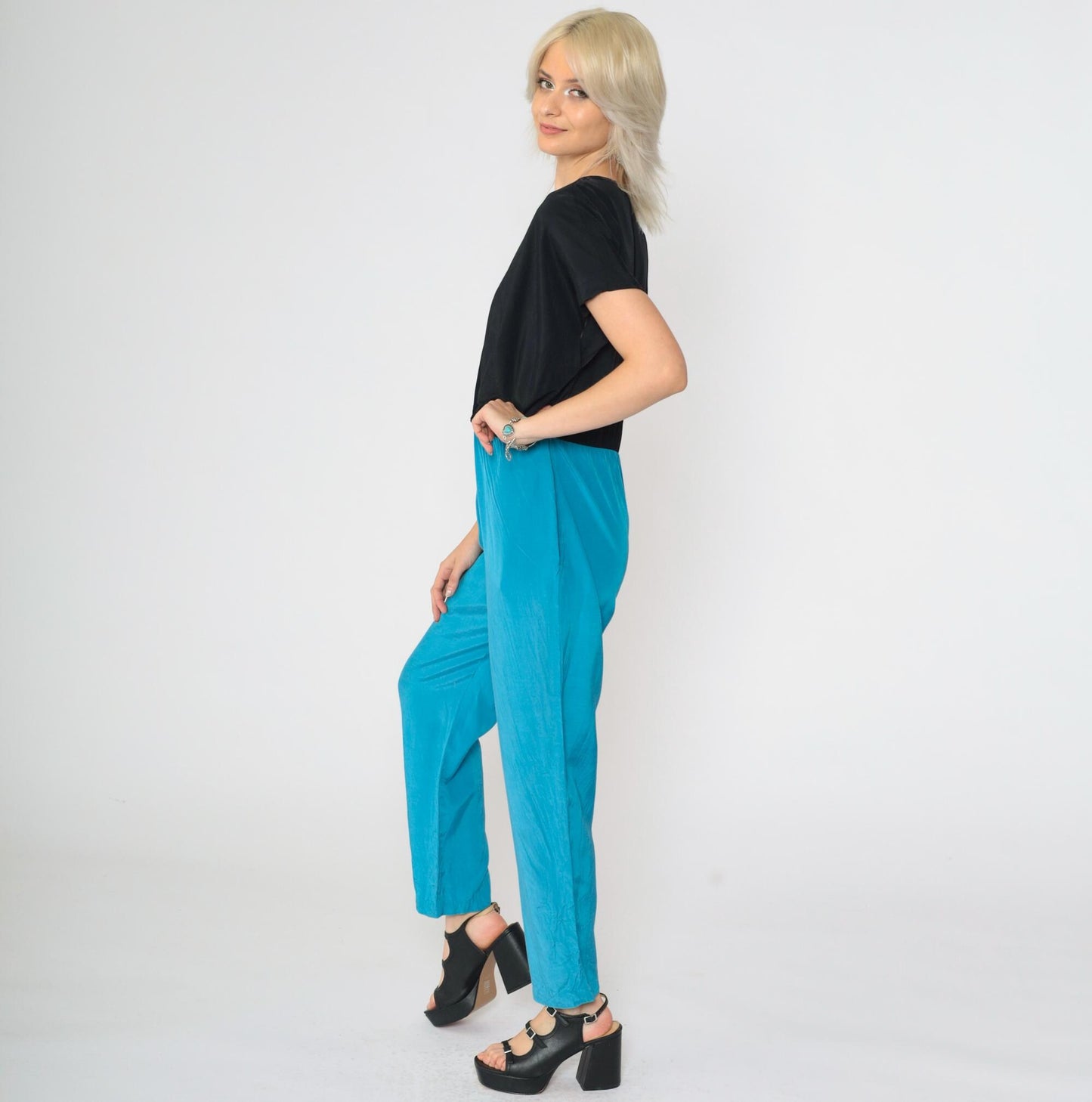 80s Colour Block Jumpsuit Black Blue Wrap V-Neck Tapered Small S
