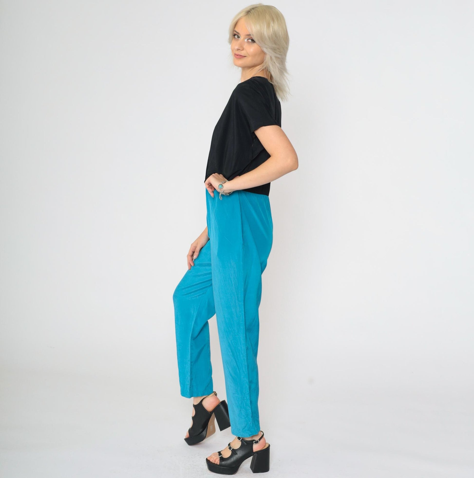 80s Colour Block Jumpsuit Black Blue Wrap V-Neck Tapered Small S
