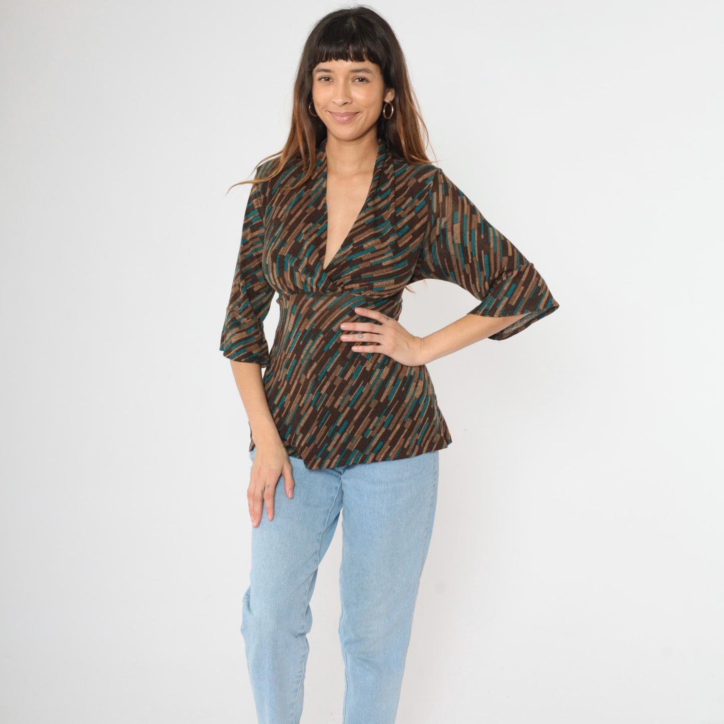 Y2K Briggs New York Striped Blouse Empire Waist Deep V Neck Brown Teal Large Petite