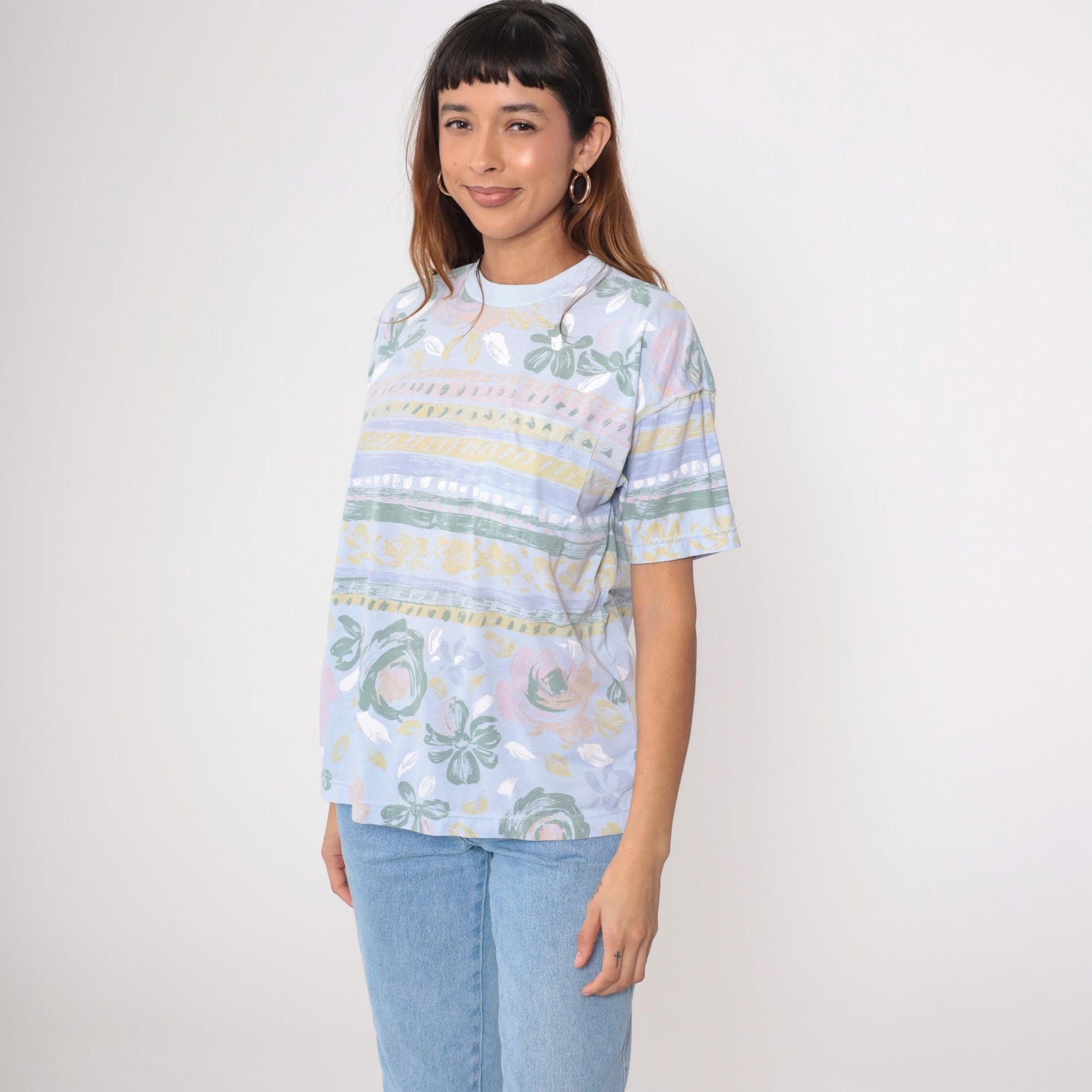 90s Floral Ringer Tee Pastel Blue Striped Graphic T-Shirt Large L