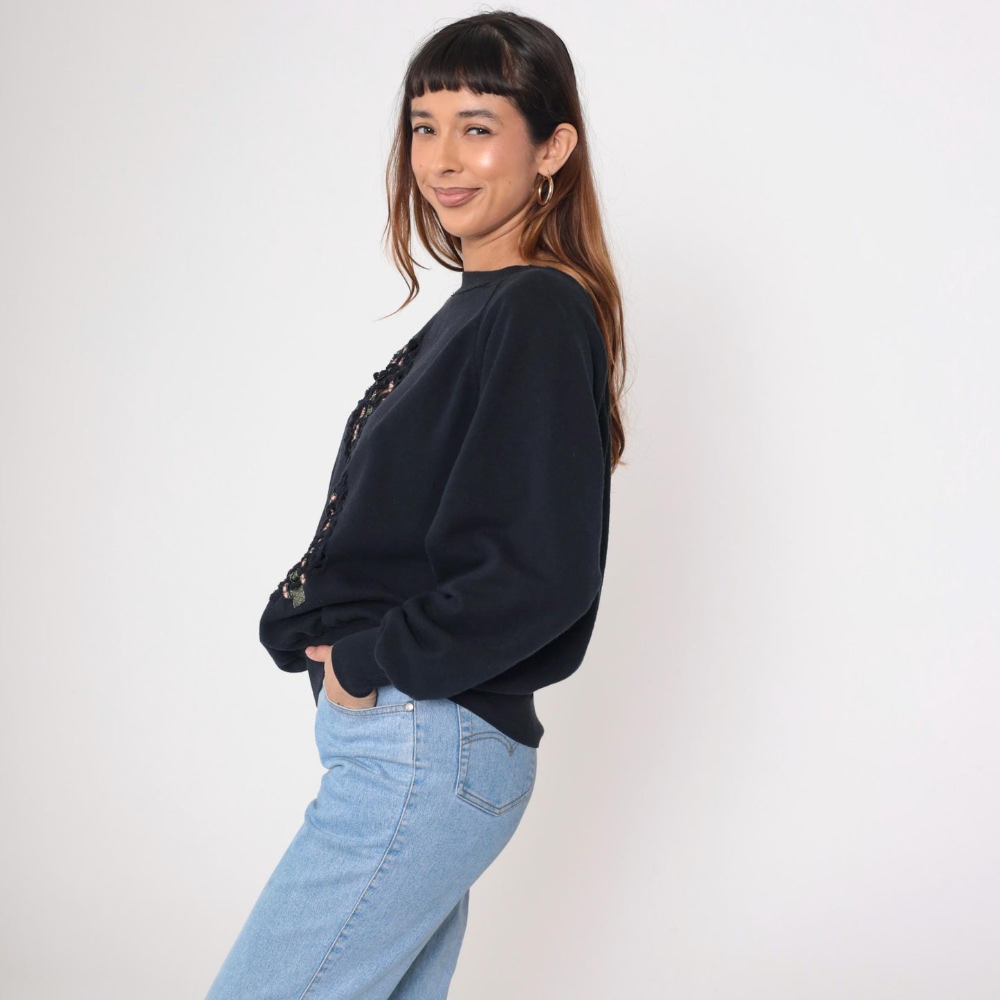 90s Black Sweatshirt Cutout Metallic Trim Raglan Crewneck Large