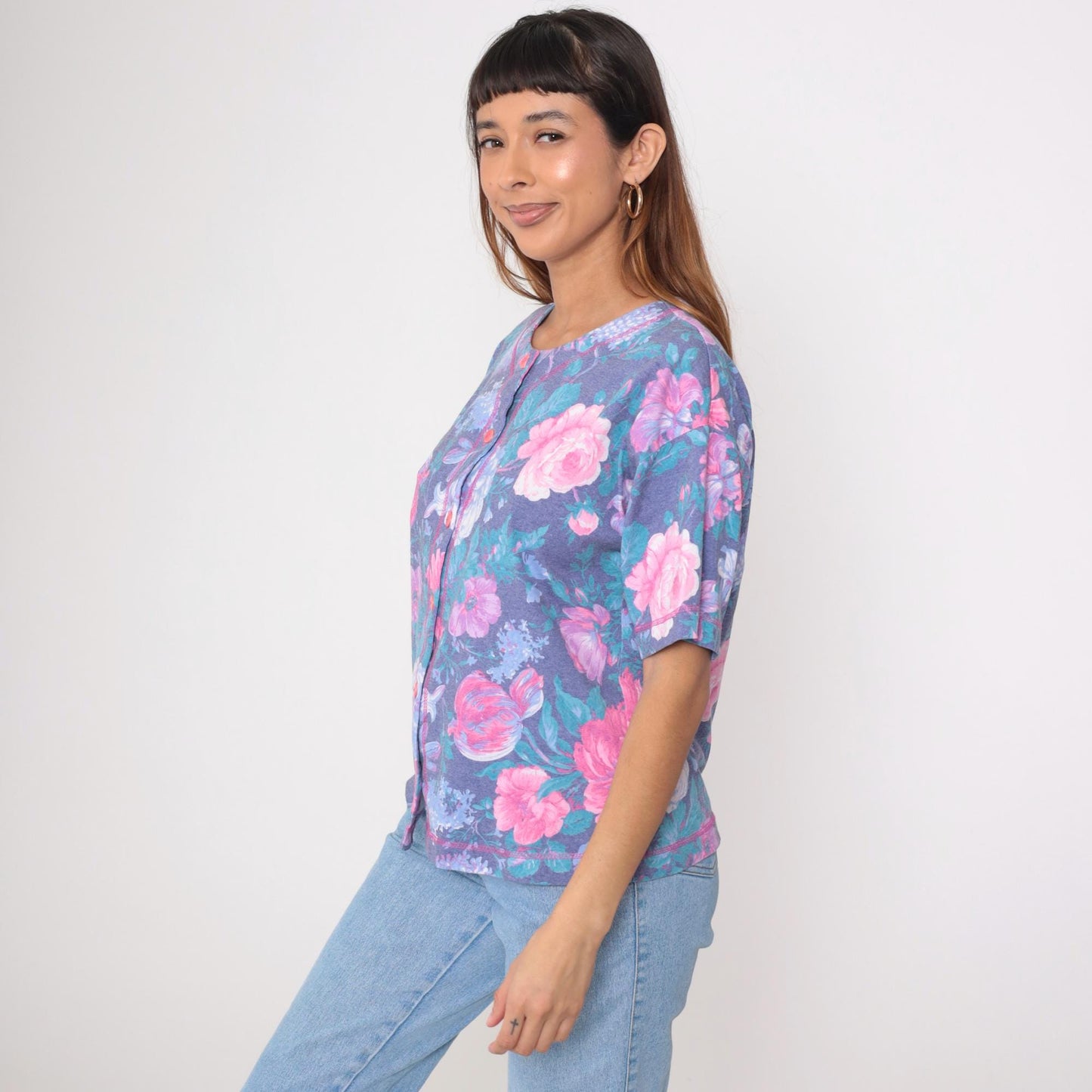90s Floral Button-Up Blouse Purple Pink Flower Print Short Sleeve Medium