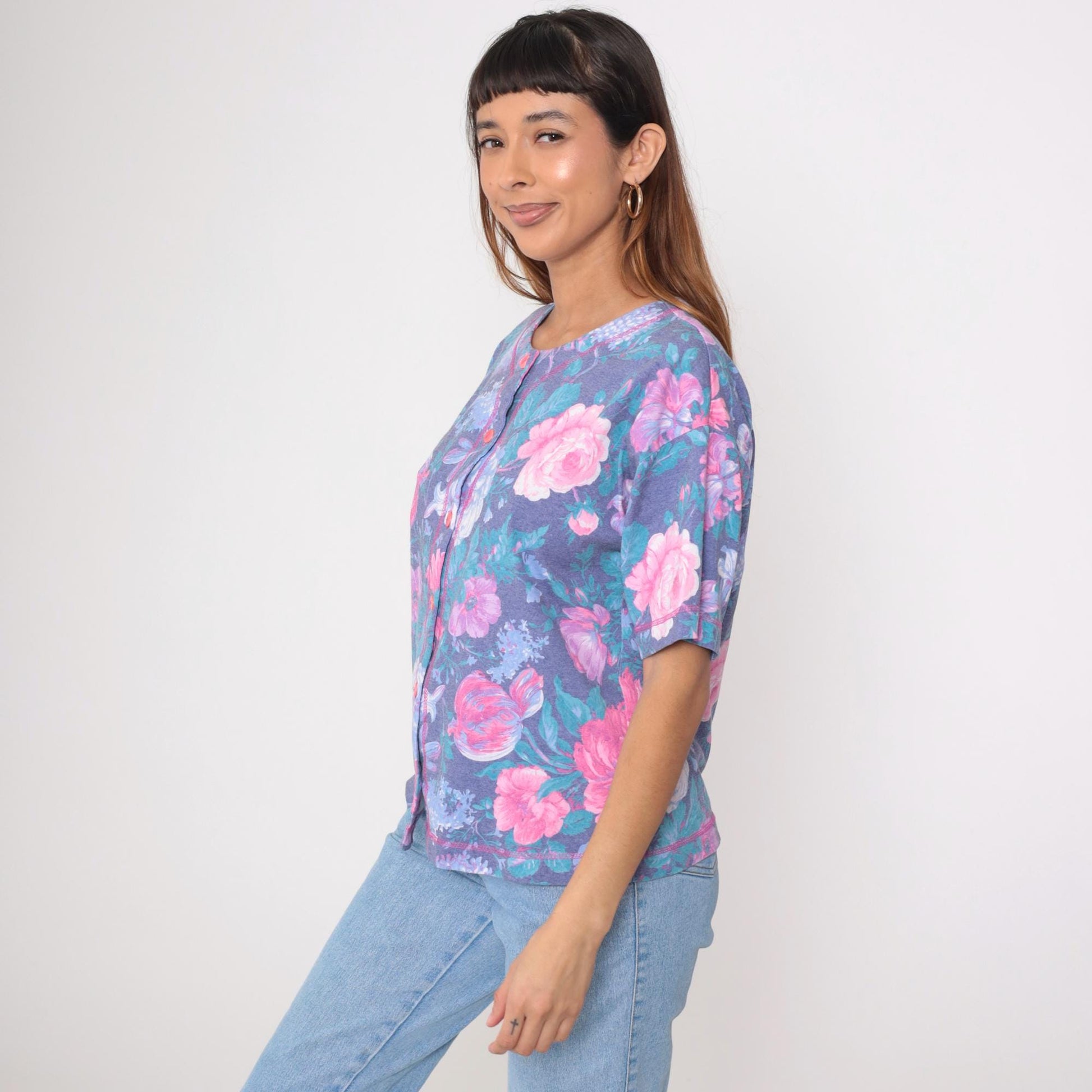 90s Floral Button-Up Blouse Purple Pink Flower Print Short Sleeve Medium