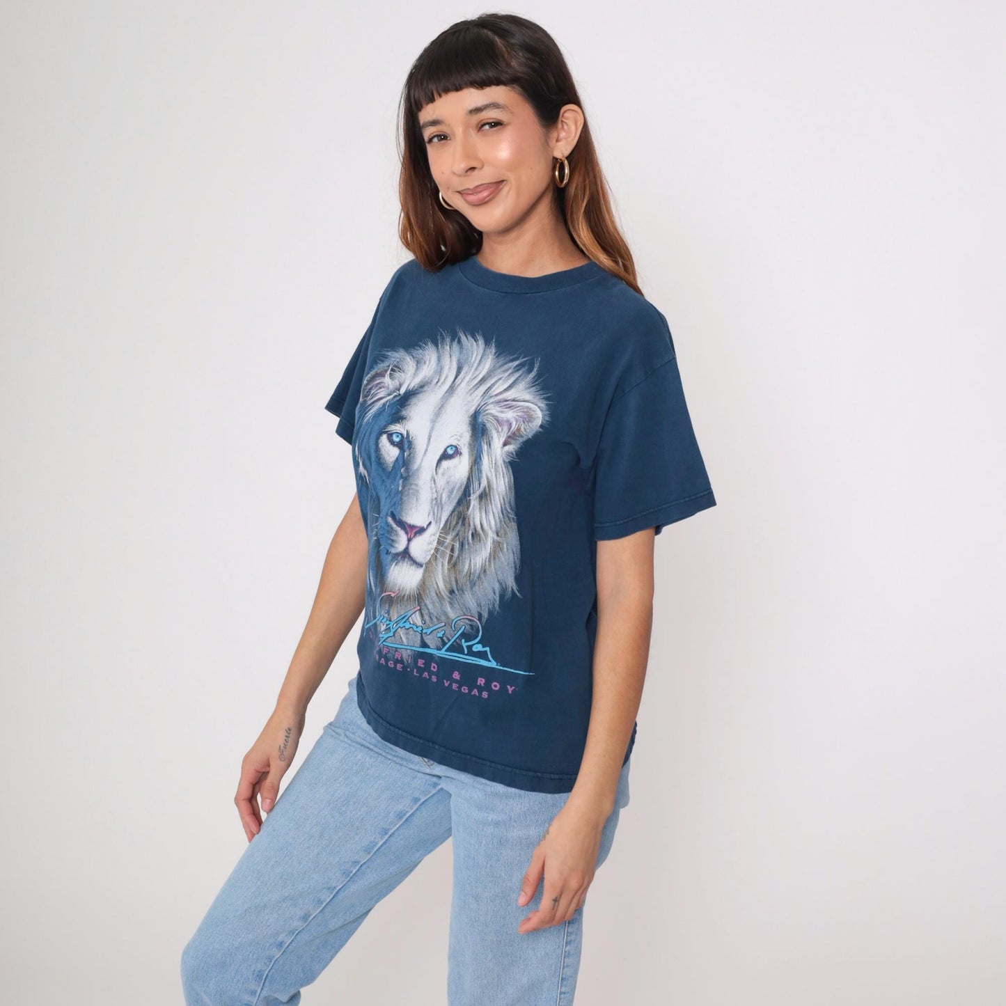 90s Siegfried & Roy Lion Graphic T Shirt Mirage Las Vegas Navy Medium