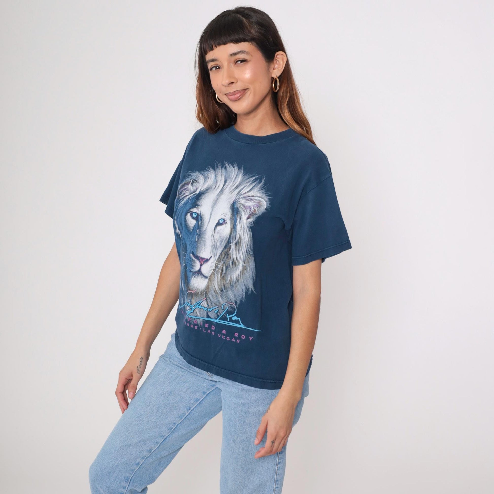 90s Siegfried & Roy Lion Graphic T Shirt Mirage Las Vegas Navy Medium