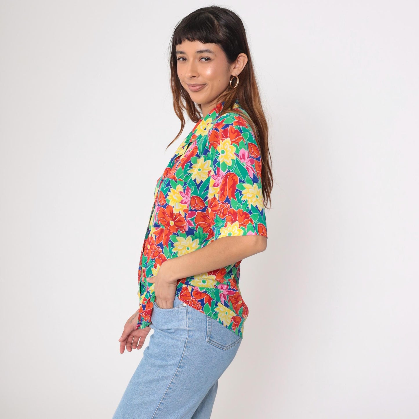 90s Floral Button-Up Blouse Multicolor Flower Print Short Sleeve Medium
