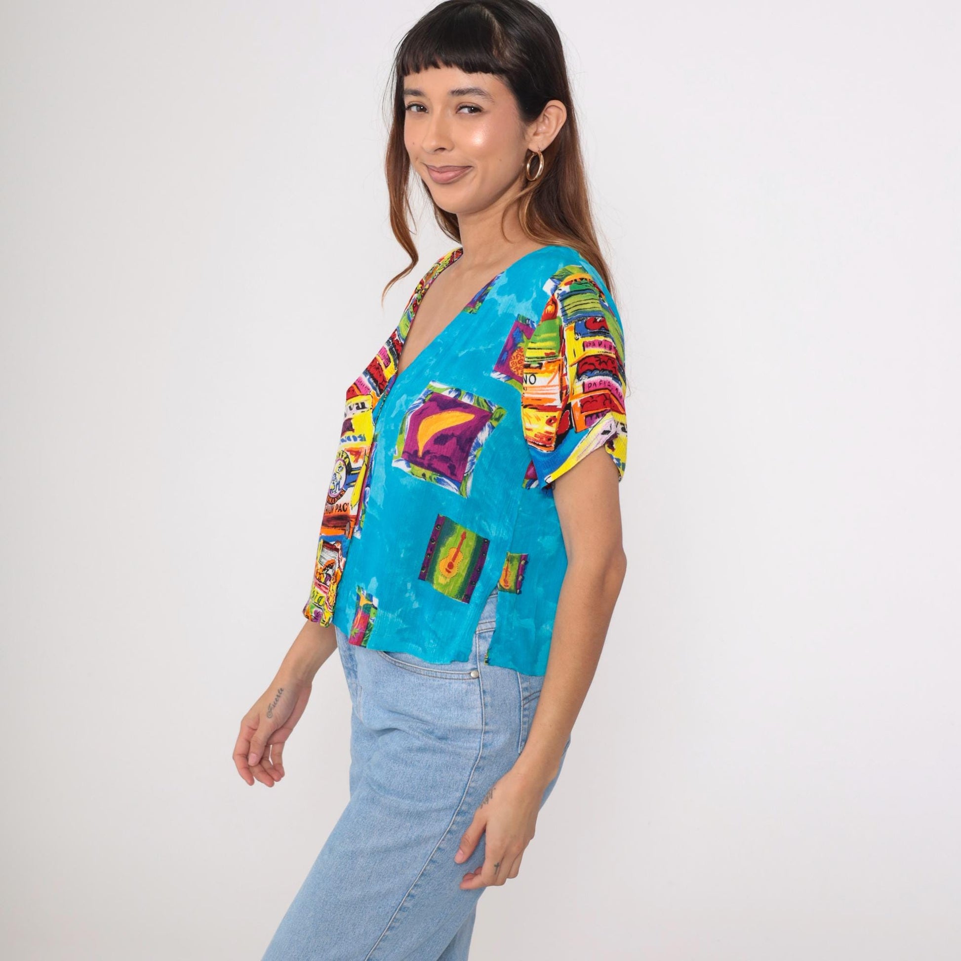 90s Key Lime Pie Tropical Fruit Guitar Print Rayon Button-Up Blouse Medium