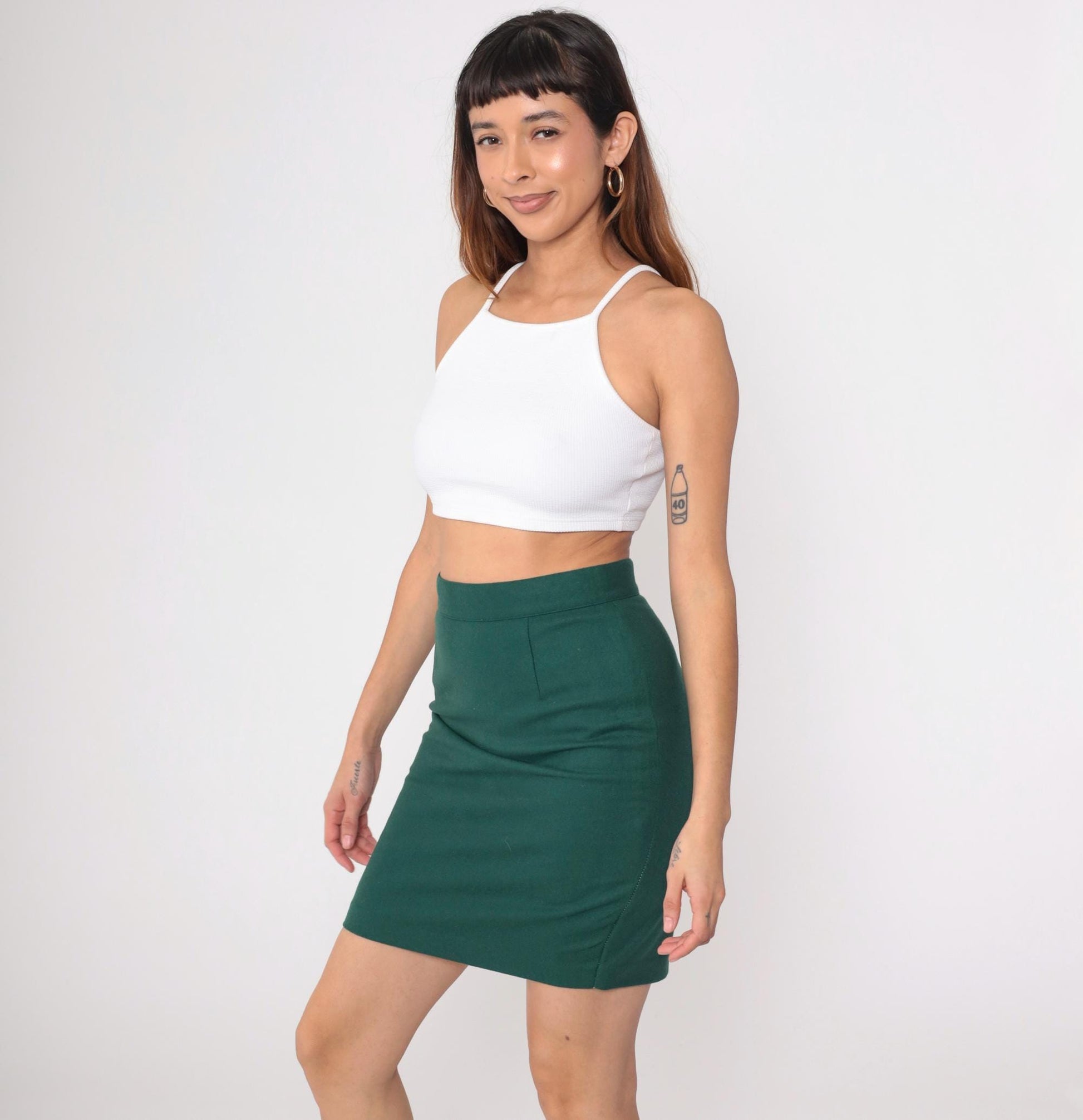90s United Colors of Benetton Forest Green Wool Mini Pencil Skirt Small