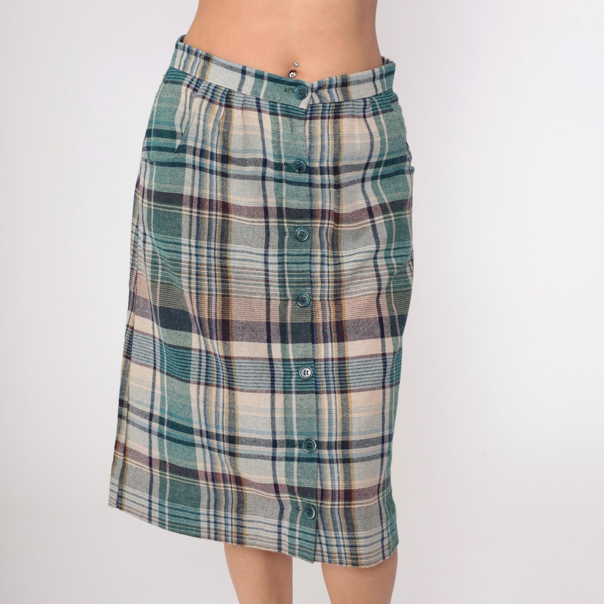 70s Hunter Sportswear Plaid Midi Skirt High Waist A-Line Button Front Teal Beige Medium