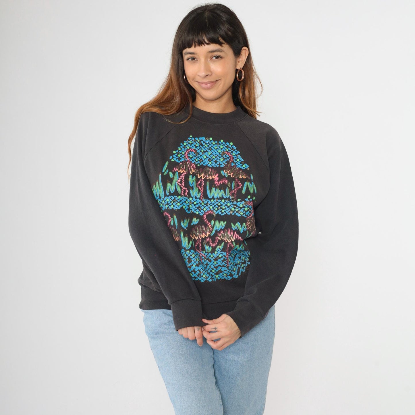 90s Flamingo Sweatshirt Black Glitter Graphic Raglan Crewneck Large