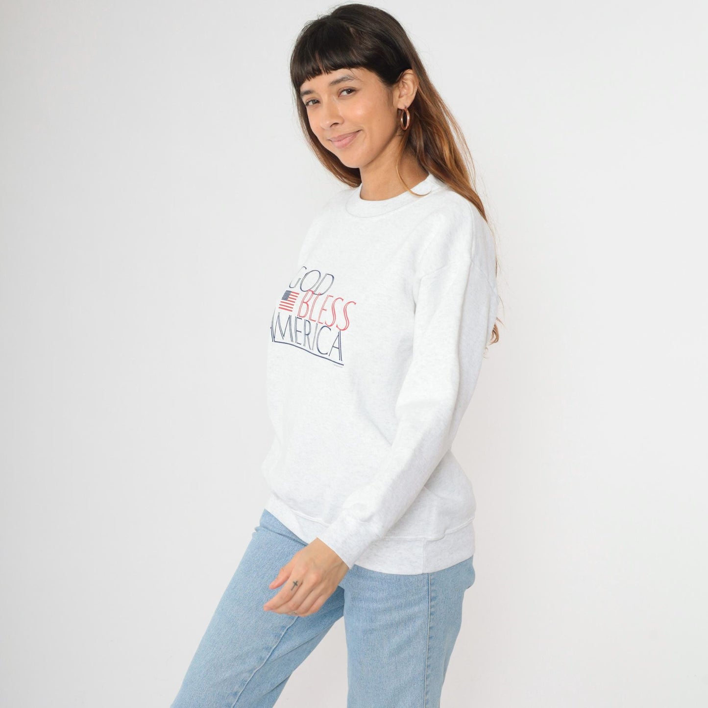 90s God Bless America Sweatshirt Heather Grey Graphic Crewneck Large
